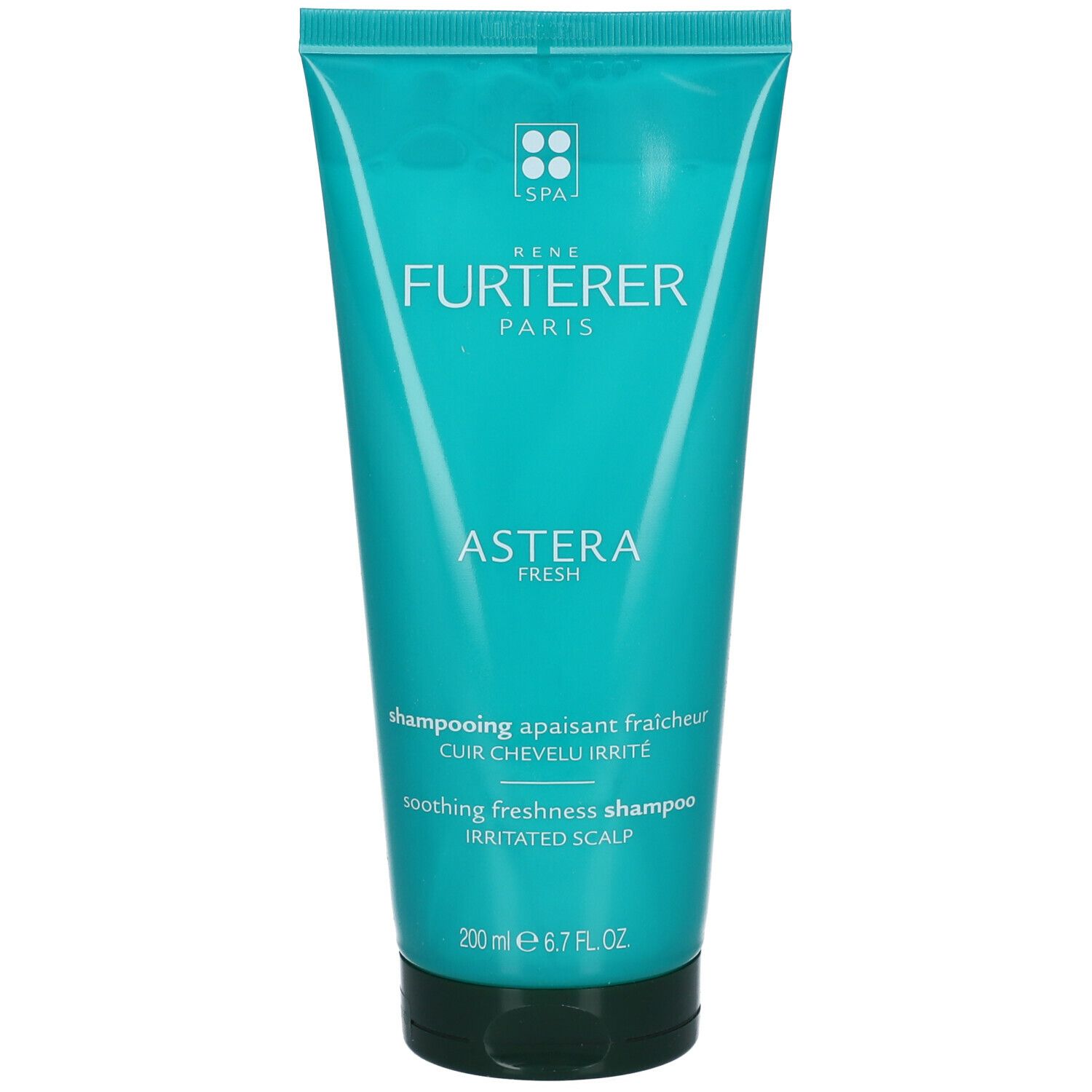 Turquoise shampoo tube. Merk: René Furterer. Tekst: Astera Fresh, verzachtende shampoo voor geïrriteerde hoofdhuid. 200 ml.