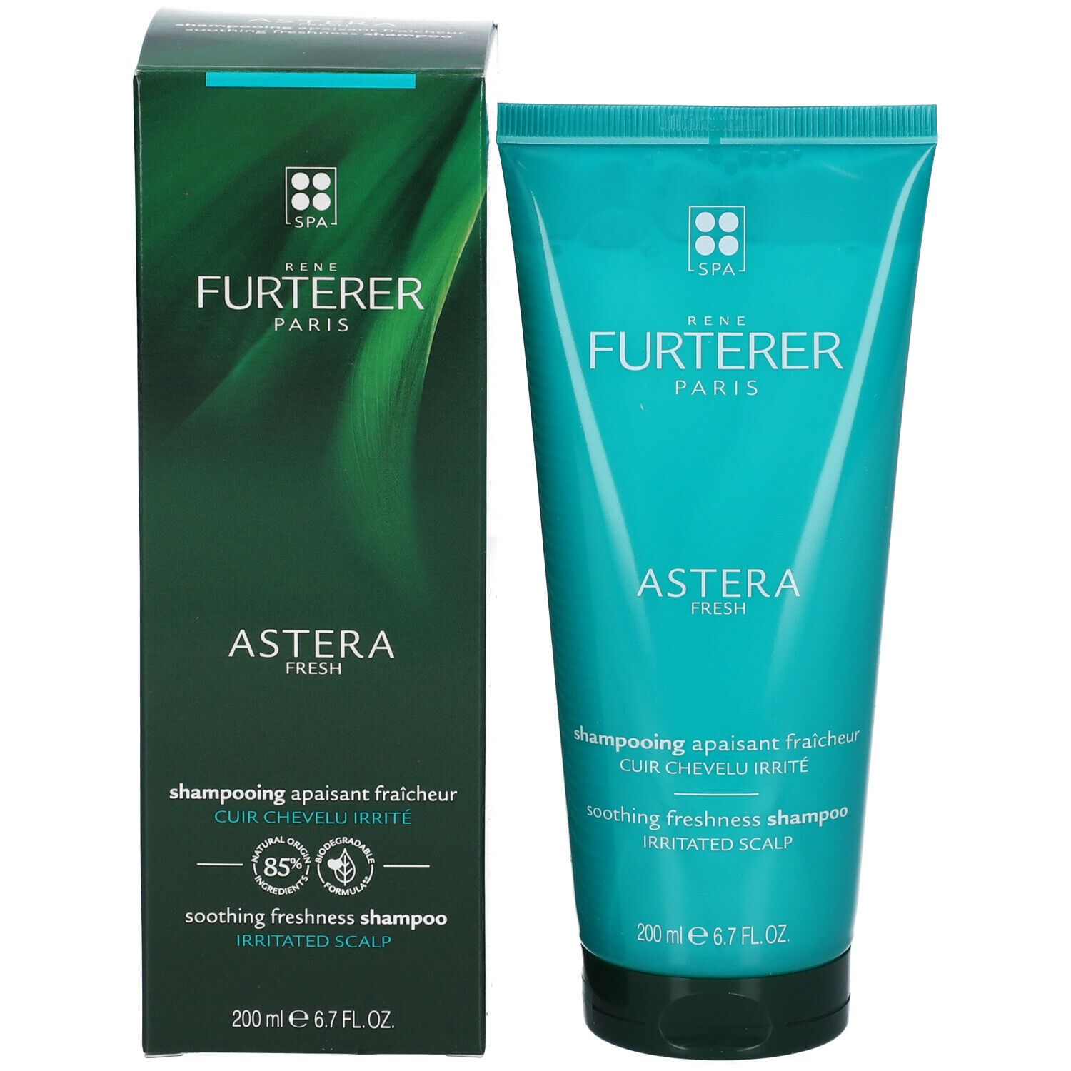 Shampoo tube en doos. Tube: turquoise, tekst: Astera Fresh. Doos: groen, tekst: René Furterer, Astera Fresh, 200 ml.