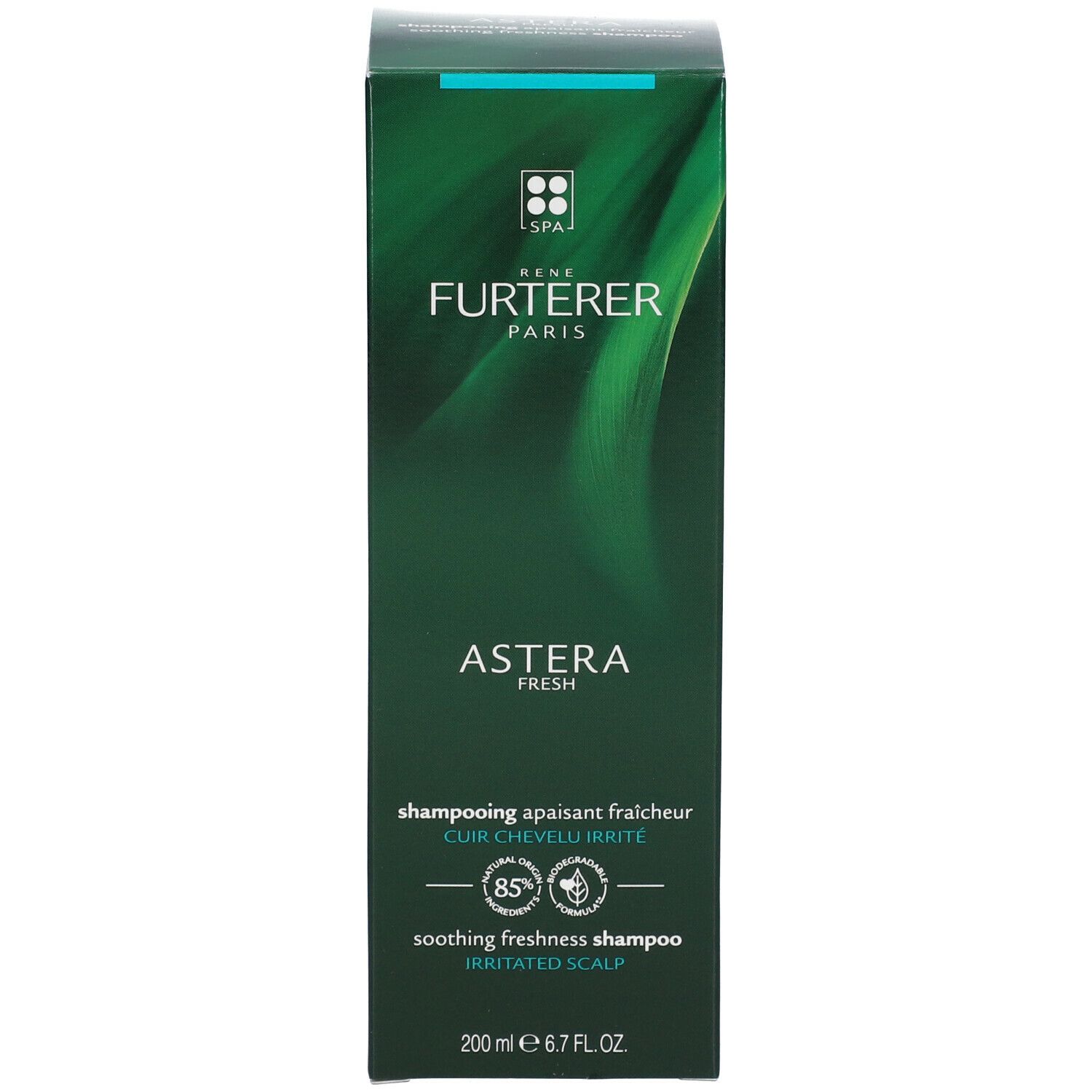 Groene shampoo doos. Tekst: René Furterer, Astera Fresh, verzachtende shampoo voor geïrriteerde hoofdhuid, 200 ml.