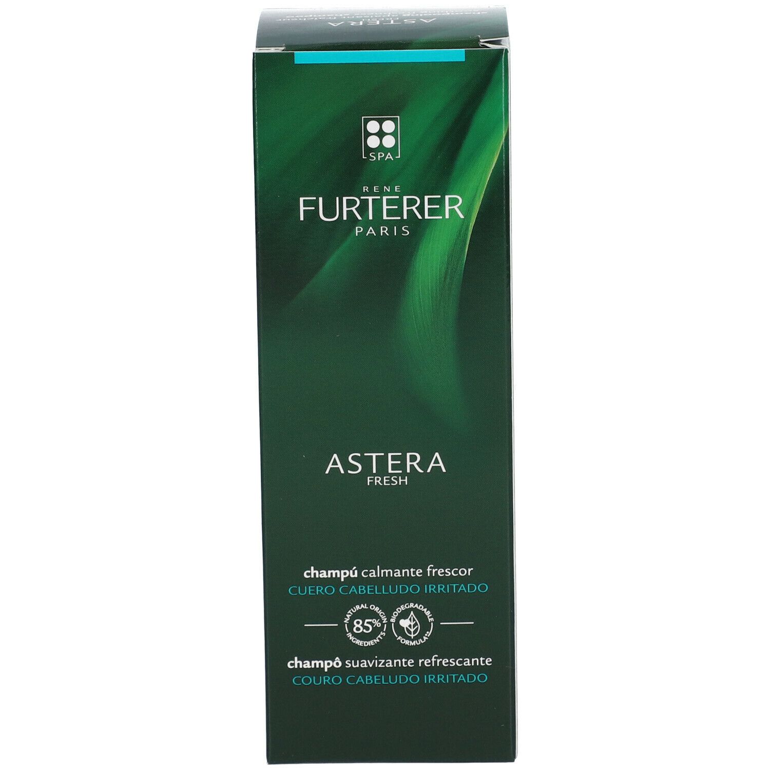 Groene shampoo doos. Tekst: Astera Fresh, Champú calmante frescor, 85%, Champô suavizante refrescante.