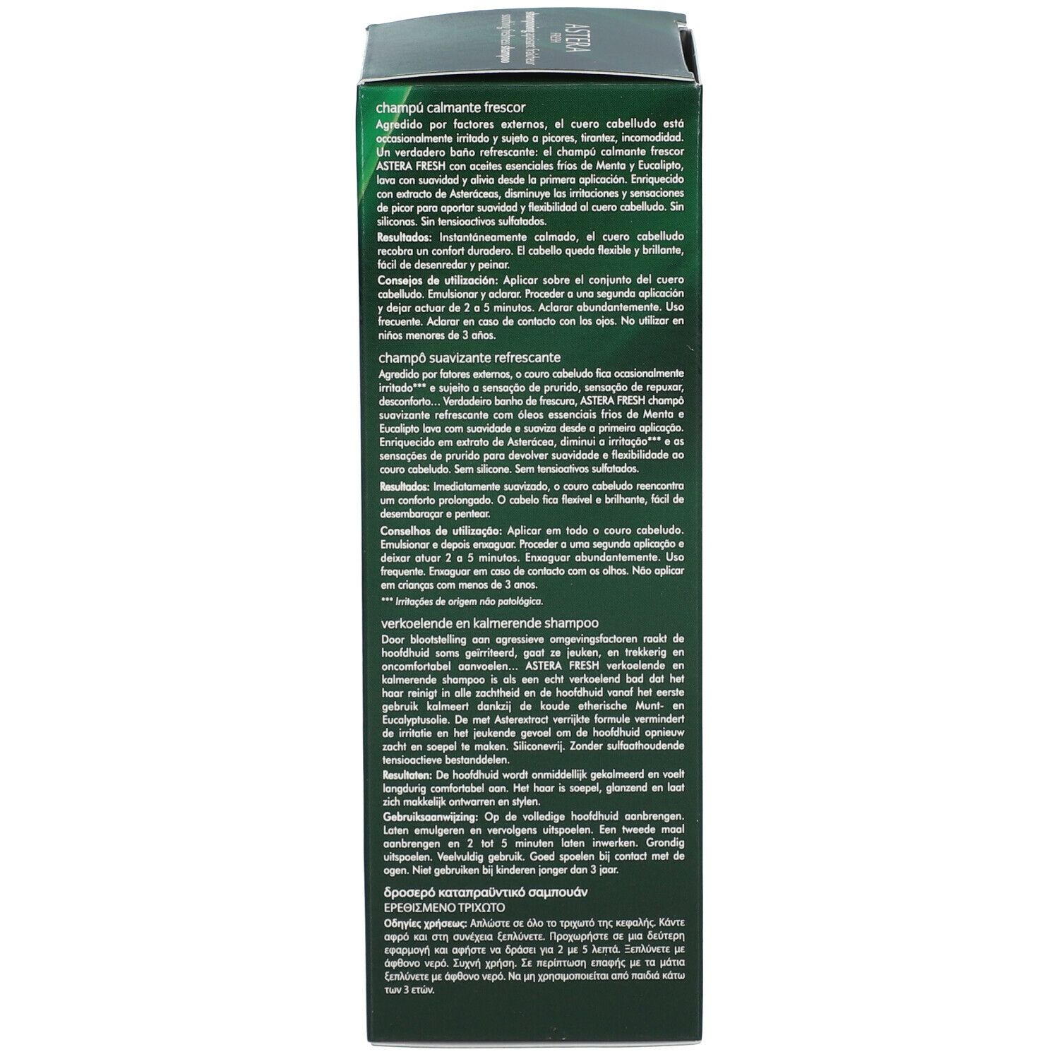 Achterkant van de groene shampoo doos. Meertalige tekst: gebruiksaanwijzing, ingrediënten, waarschuwingen.