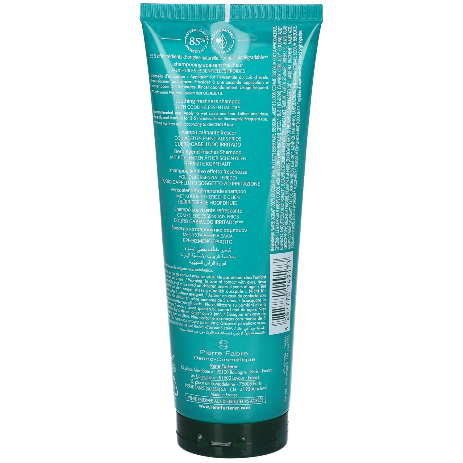 Tube turquoise. Texte multilingues. Logo vert "85%" en haut à gauche. Marque Pierre Fabre en bas.