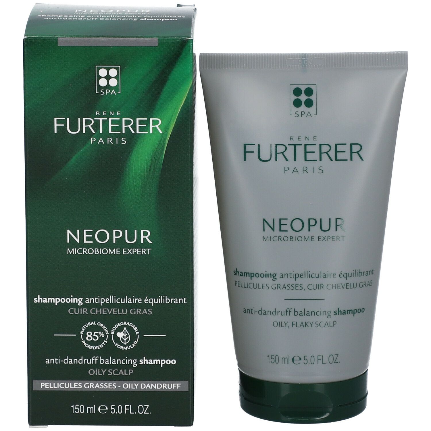 Produktverpackung: Tube und Schachtel. Aufschrift: René Furterer Paris, NEOPUR, Anti-Schuppen Shampoo.