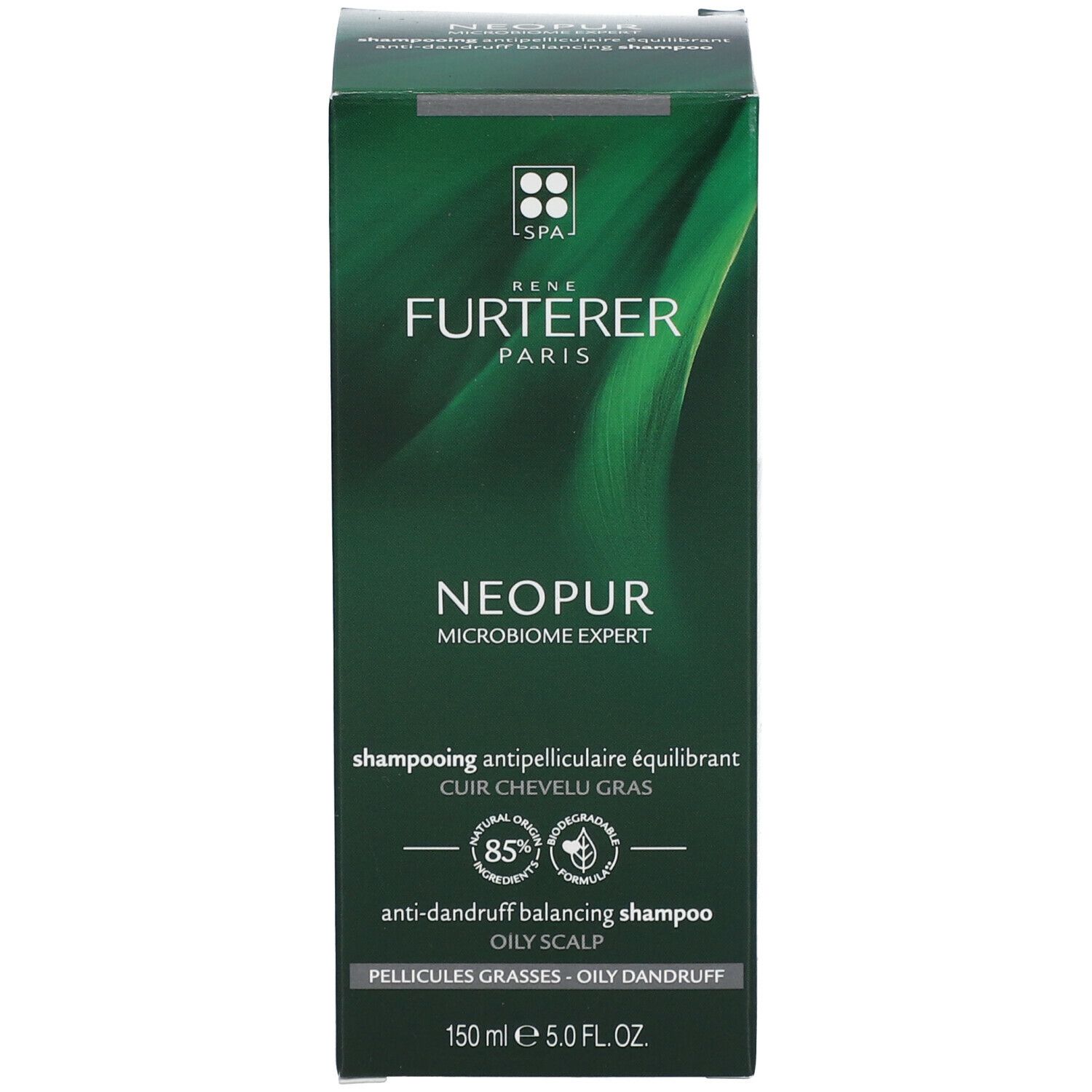 Grüne Schachtel. Aufschrift: René Furterer Paris, NEOPUR, Anti-Schuppen Shampoo. 85% natürliche Inhaltsstoffe.