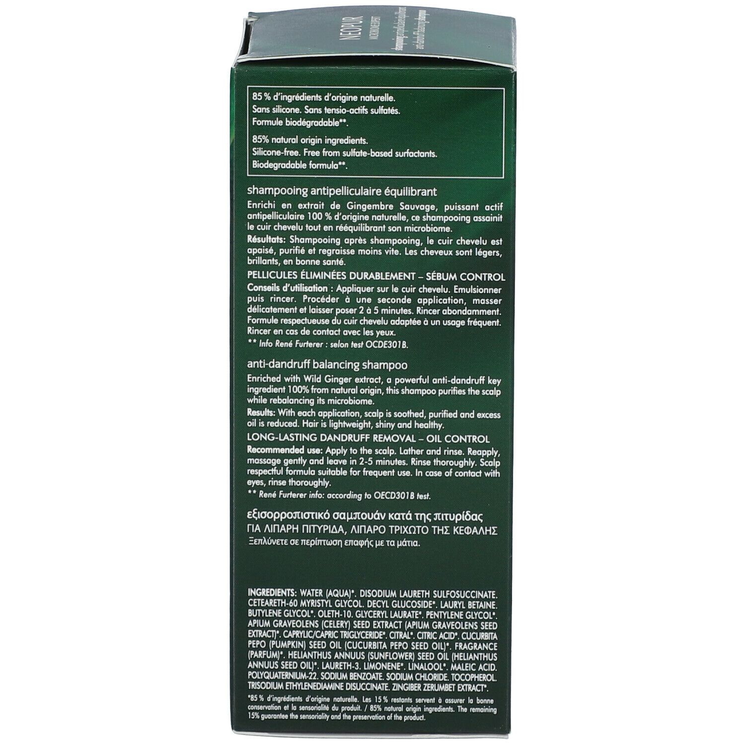 Rückseite der grünen Schachtel. Text in mehreren Sprachen. Angaben zu Inhaltsstoffen und Anwendung.