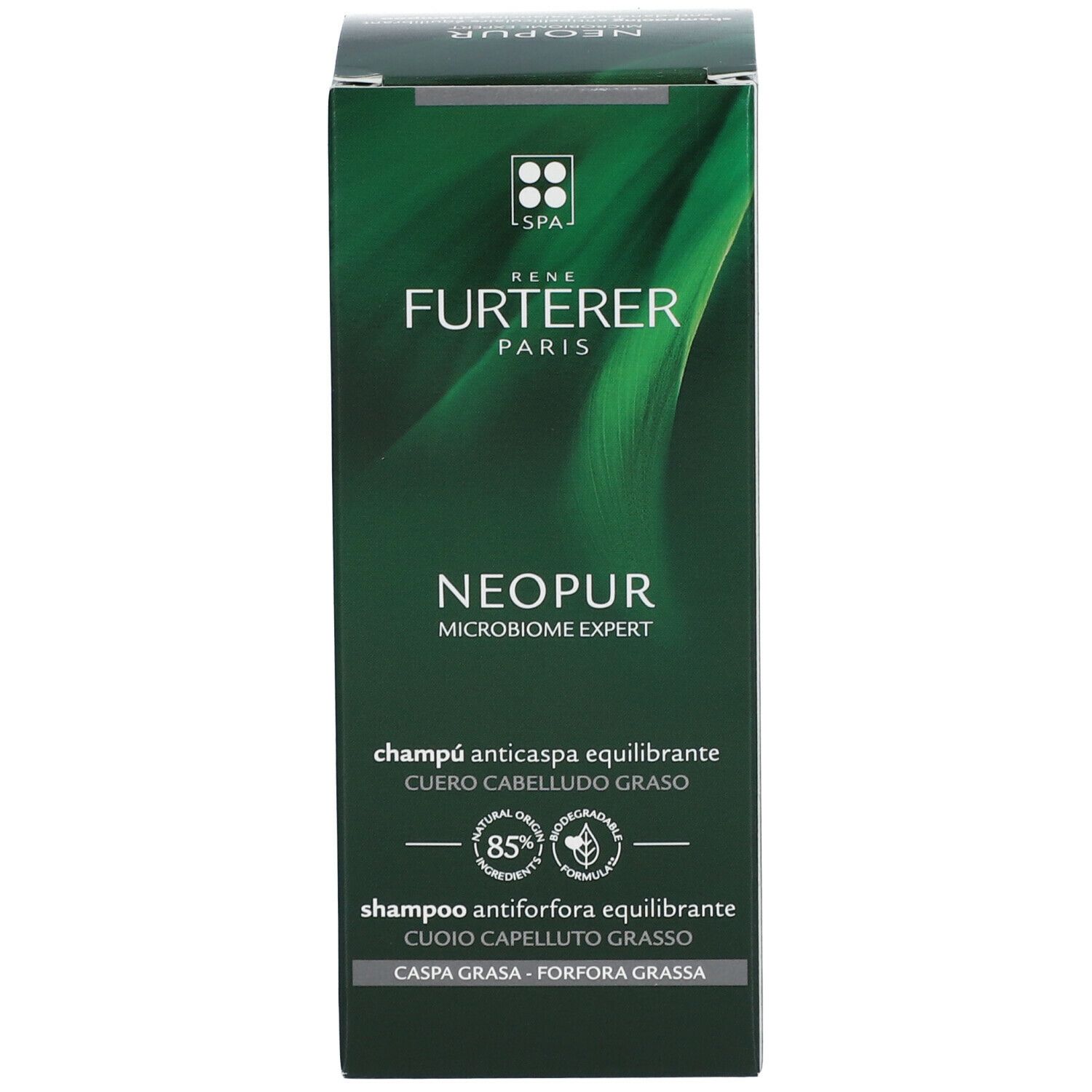 Vorderseite der grünen Schachtel. Aufschrift: René Furterer Paris, NEOPUR, Anti-Schuppen Shampoo.
