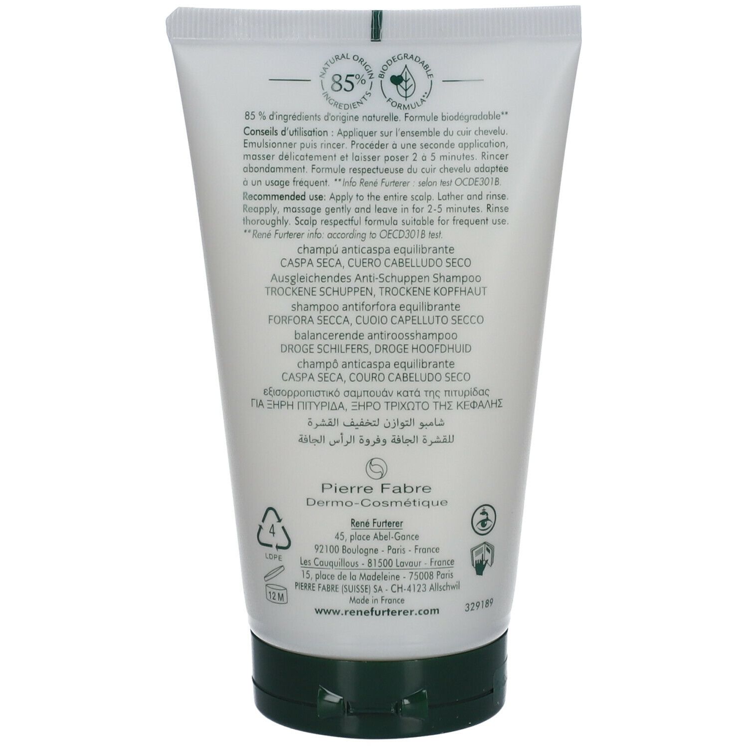 Rückseite der Shampoo-Tube. Text: 85% Inhaltsstoffe natürlichen Ursprungs. Mehrsprachige Anweisungen.