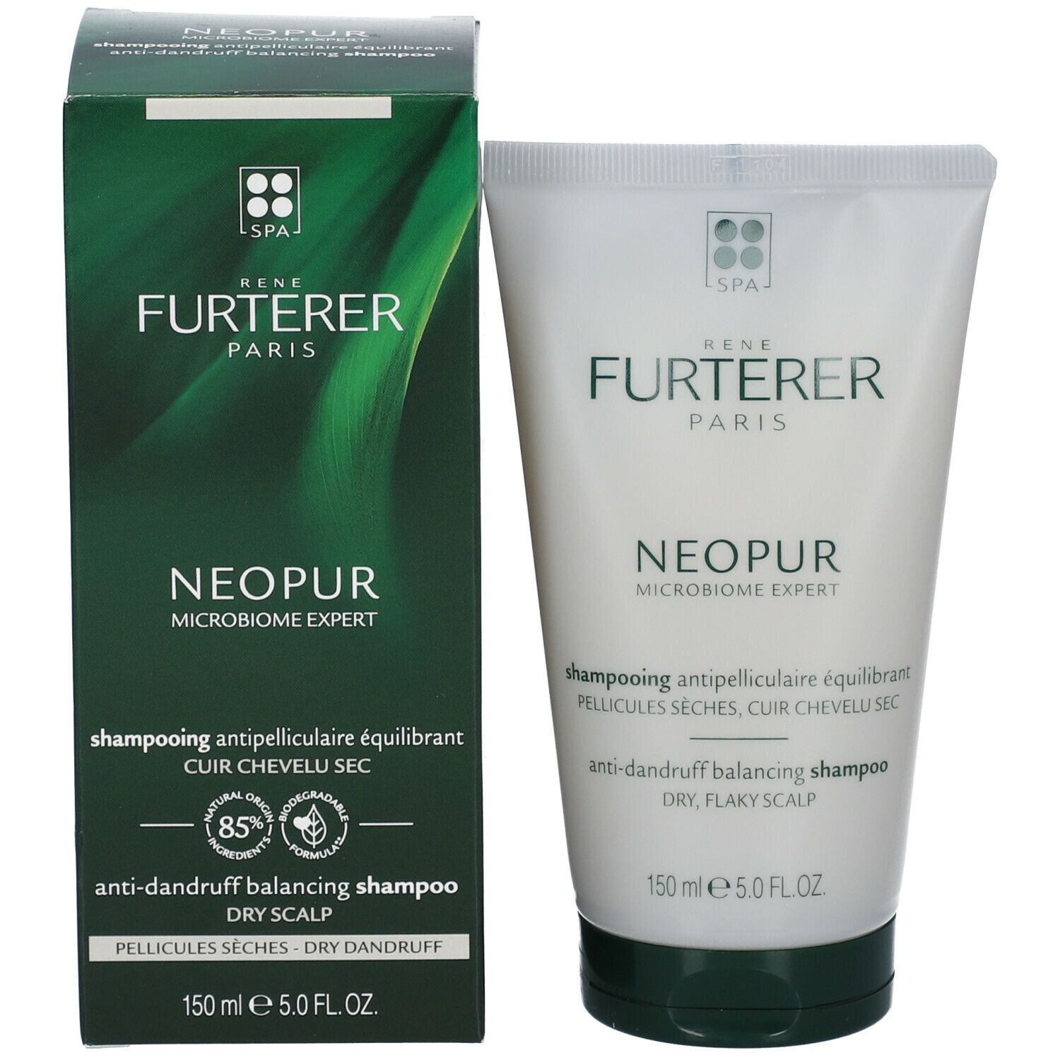 Shampoo-Tube und Schachtel. Aufschrift: René Furterer, Neopur, Anti-Schuppen Shampoo, 150 ml. Schachtel grün.