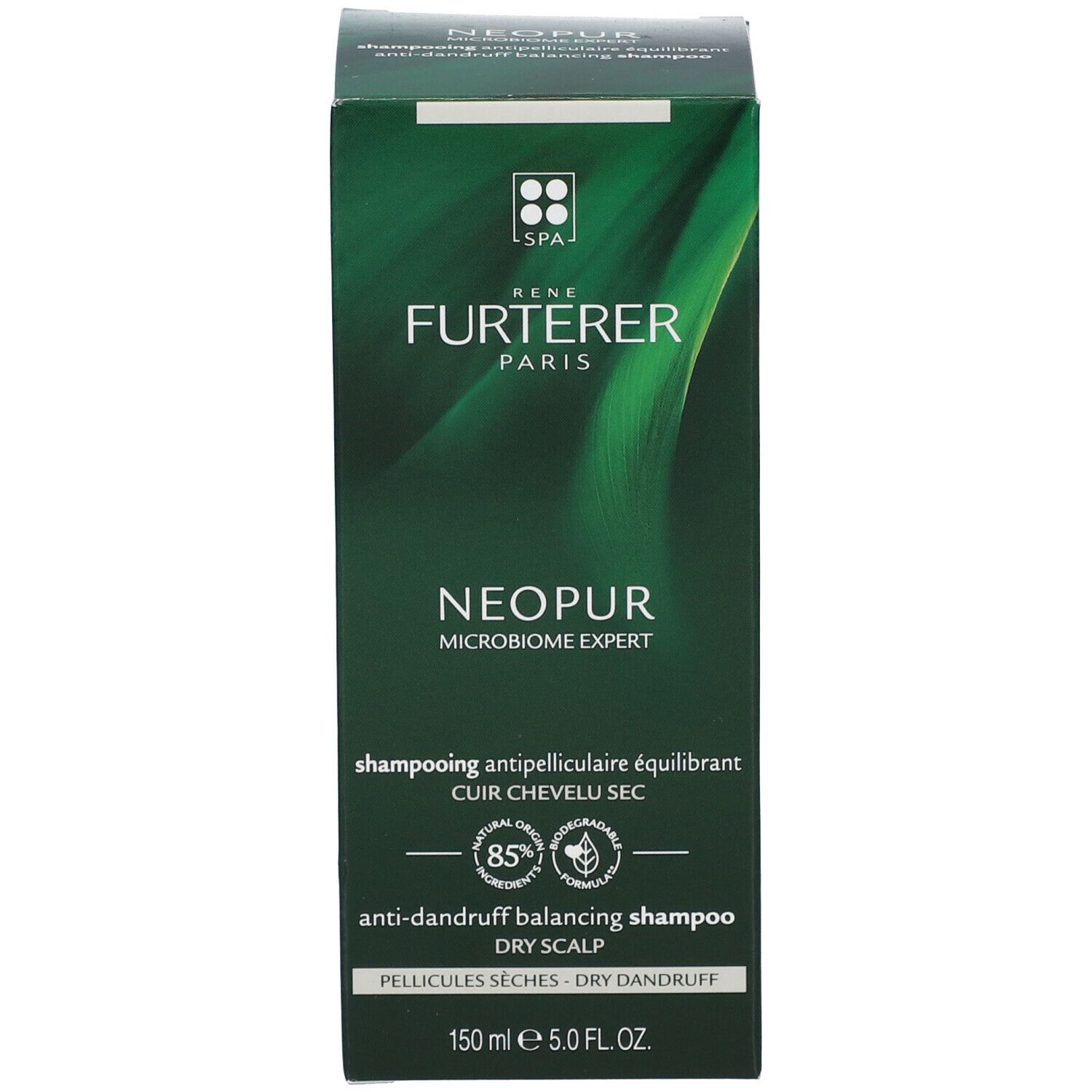 Grüne Schachtel mit Shampoo. Aufschrift: René Furterer, Neopur, Anti-Schuppen Shampoo, 150 ml.