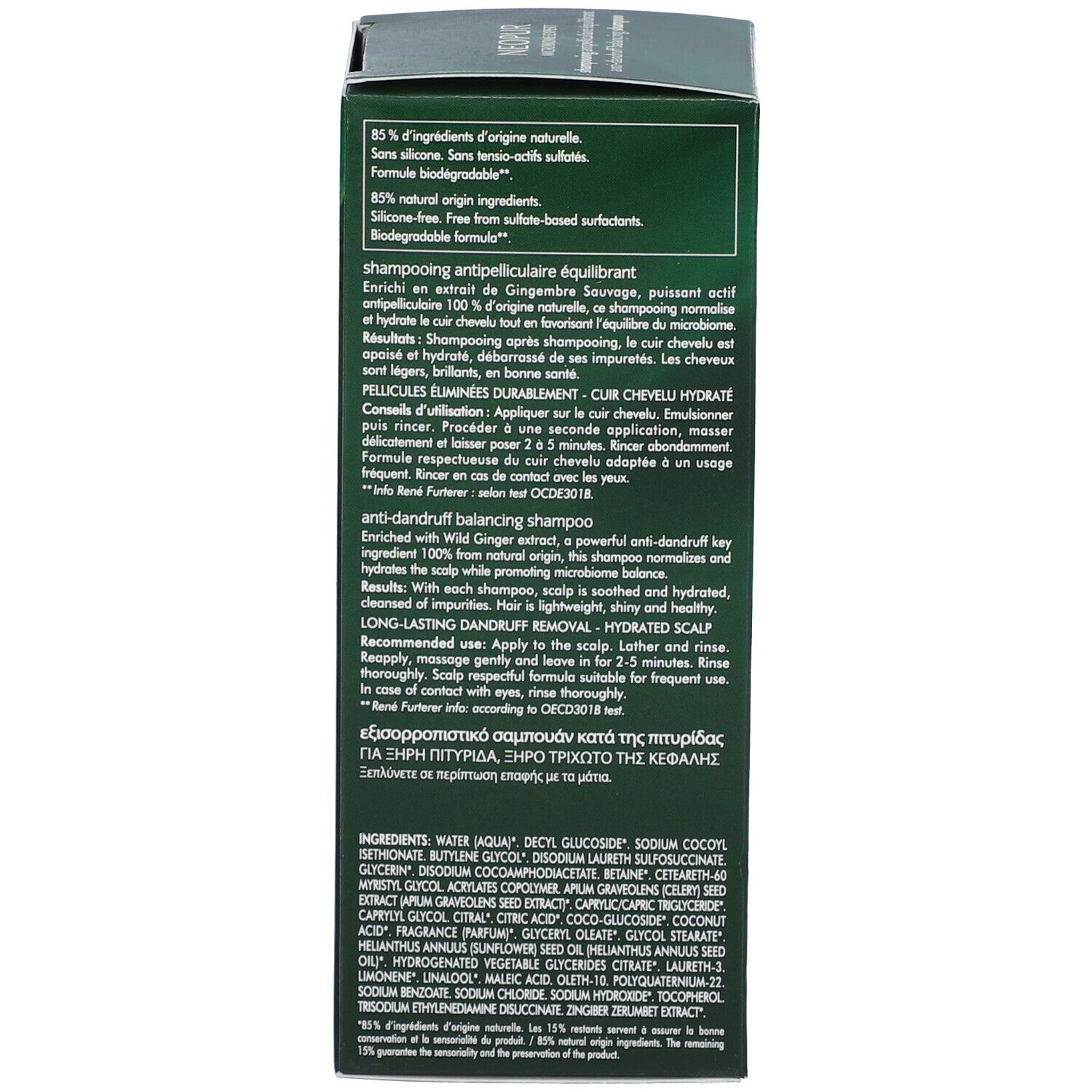 Rückseite der Shampoo-Schachtel. Text: 85% Inhaltsstoffe natürlichen Ursprungs. Mehrsprachige Anweisungen.