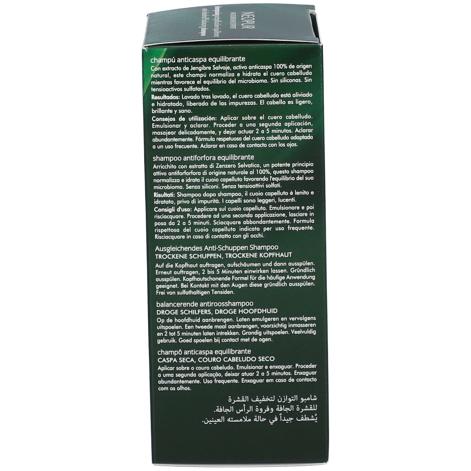 Rückseite der Shampoo-Schachtel. Mehrsprachige Anweisungen, darunter Deutsch und Englisch.