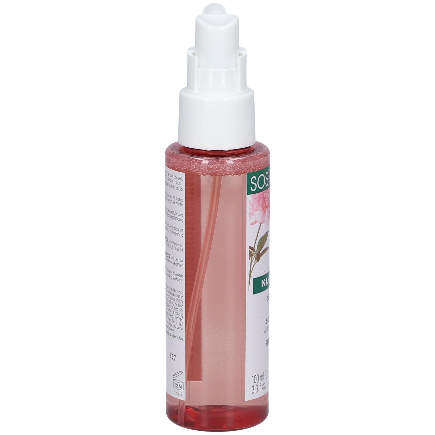 Transparante fles met rode vloeistof en witte spraykop. Opschrift: Klorane. Tekst op de achterkant.