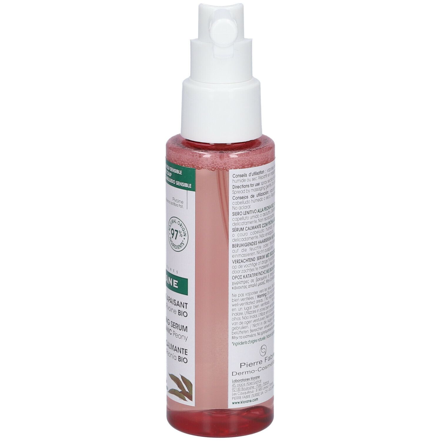 Achterkant van de fles met tekst. Opschrift: Klorane, Sérum à la Pivoine BIO. 97% natuurlijke ingrediënten.