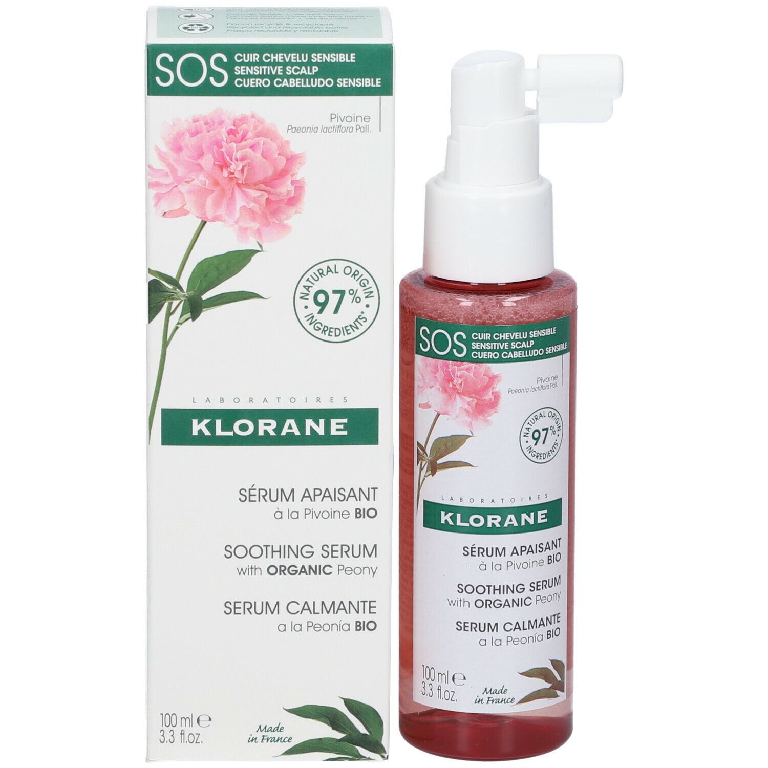 Productverpakking en fles. Opschrift: Klorane, Sérum apaisant, Pivoine BIO. 97% natuurlijke ingrediënten.