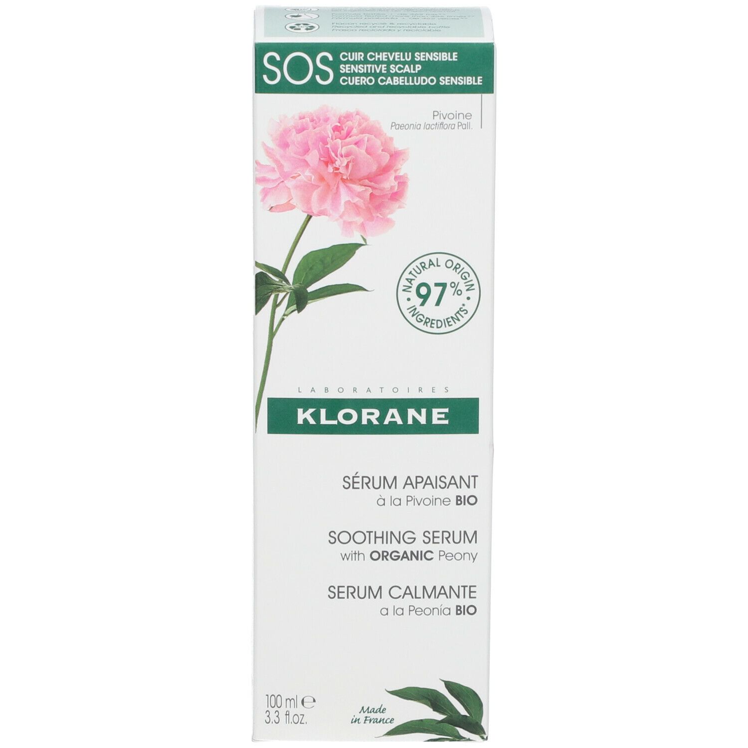 Productverpakking. Opschrift: Klorane, Sérum apaisant, Pivoine BIO. 97% natuurlijke ingrediënten.