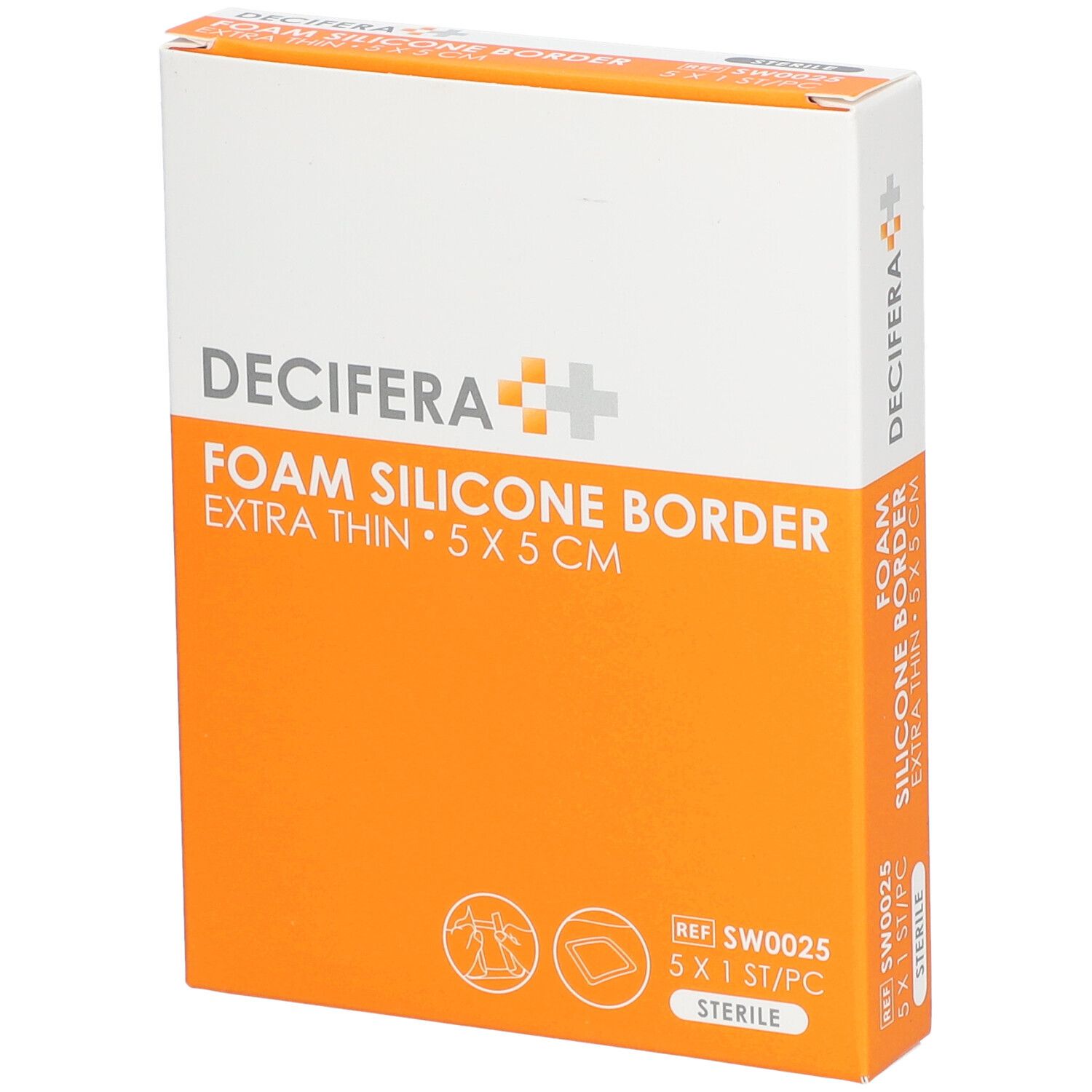 Emballage DECIFERA Foam Silicone Border, extra fin, 5x5 cm. Orange et blanc. Stérile.