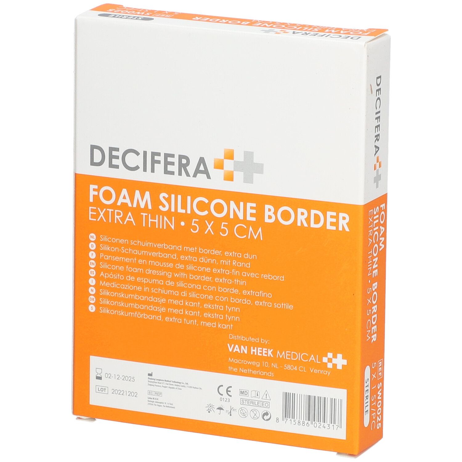 Emballage DECIFERA Foam Silicone Border, extra fin, 5x5 cm. Texte multilingue. Stérile.