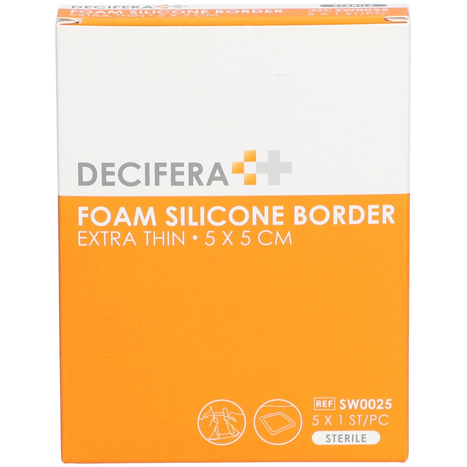 Emballage DECIFERA Foam Silicone Border, extra fin, 5x5 cm. Orange et blanc. Stérile.