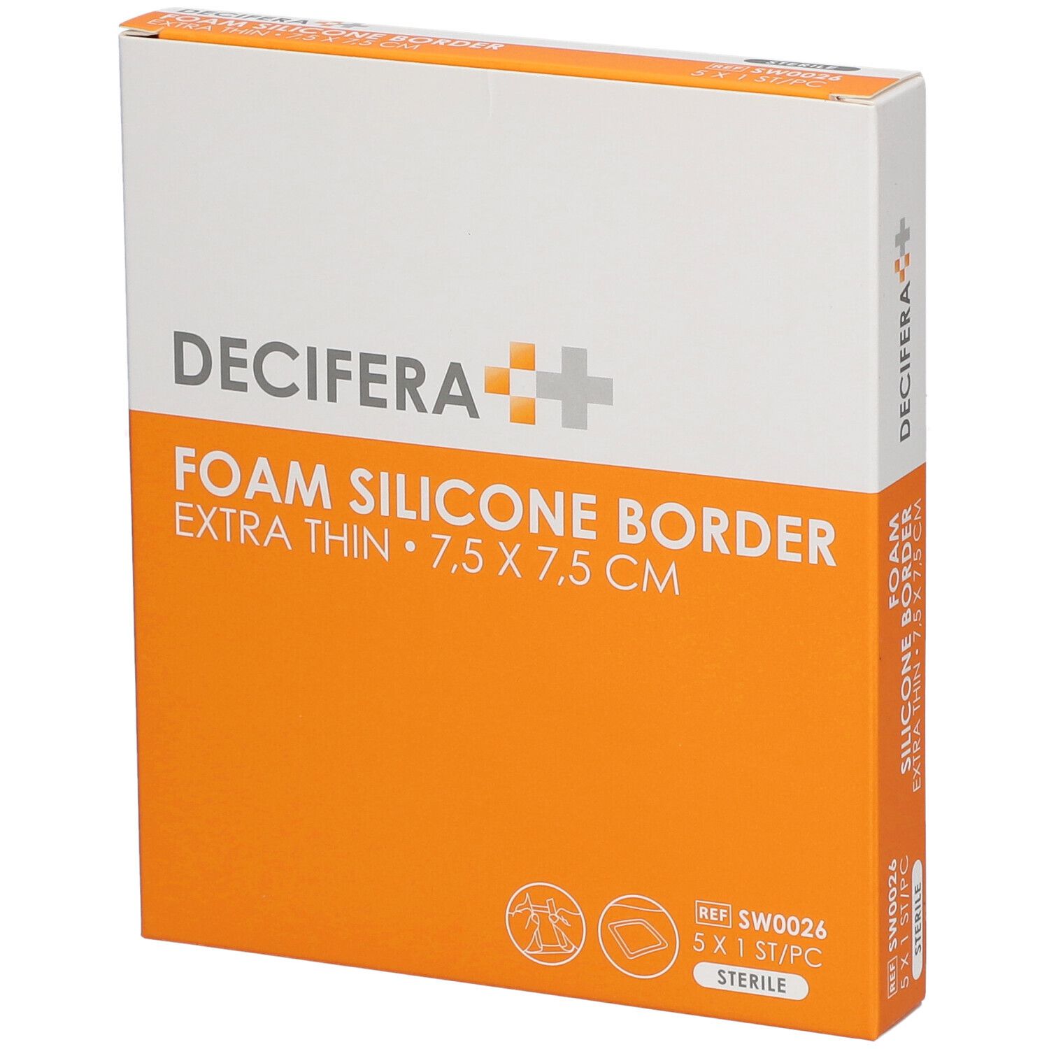 Emballage DECIFERA Foam Silicone Border, extra fin, 7,5 x 7,5 cm. Design orange et blanc avec informations produit.