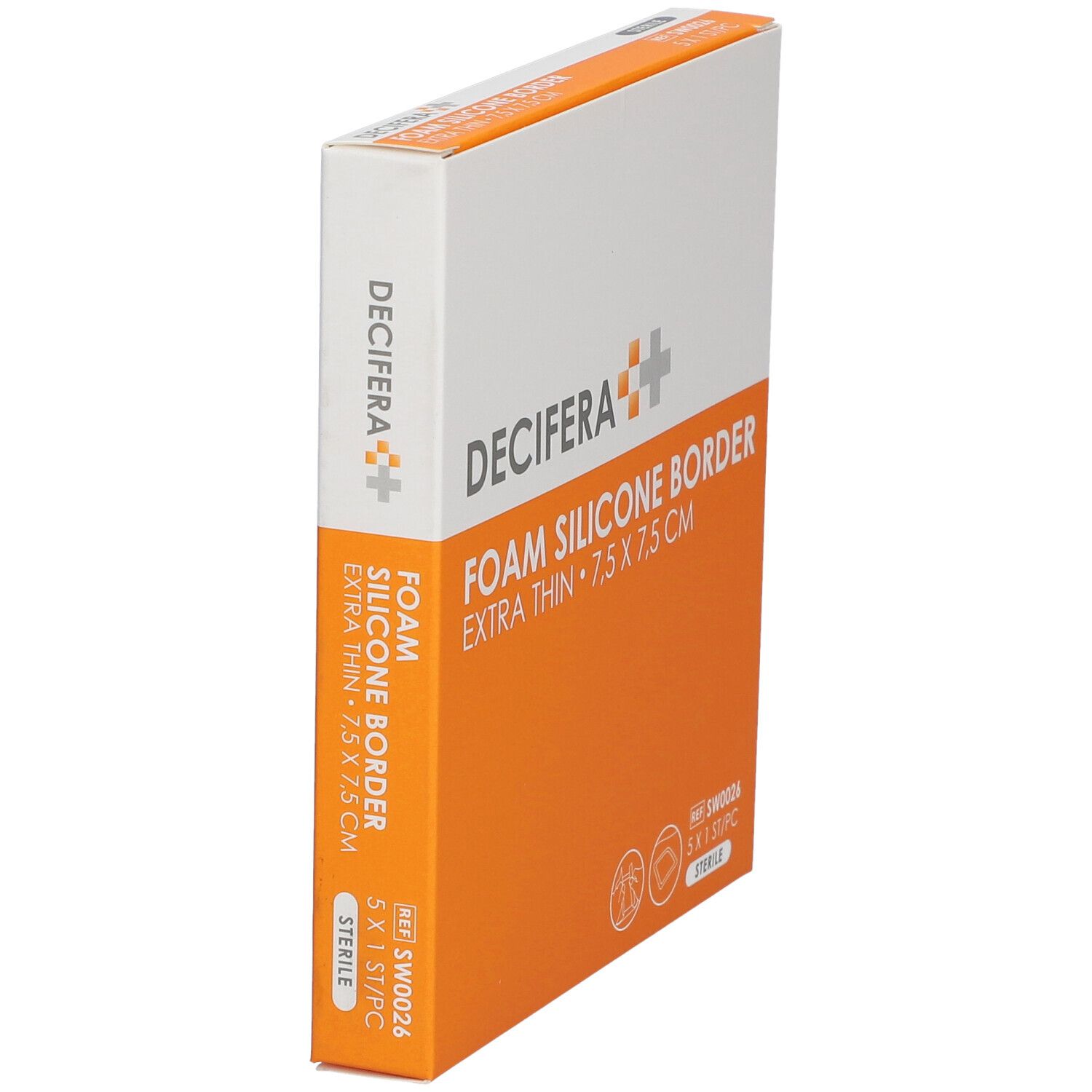 Emballage DECIFERA Foam Silicone Border, extra fin, 7,5 x 7,5 cm, en biais. Design orange et blanc.