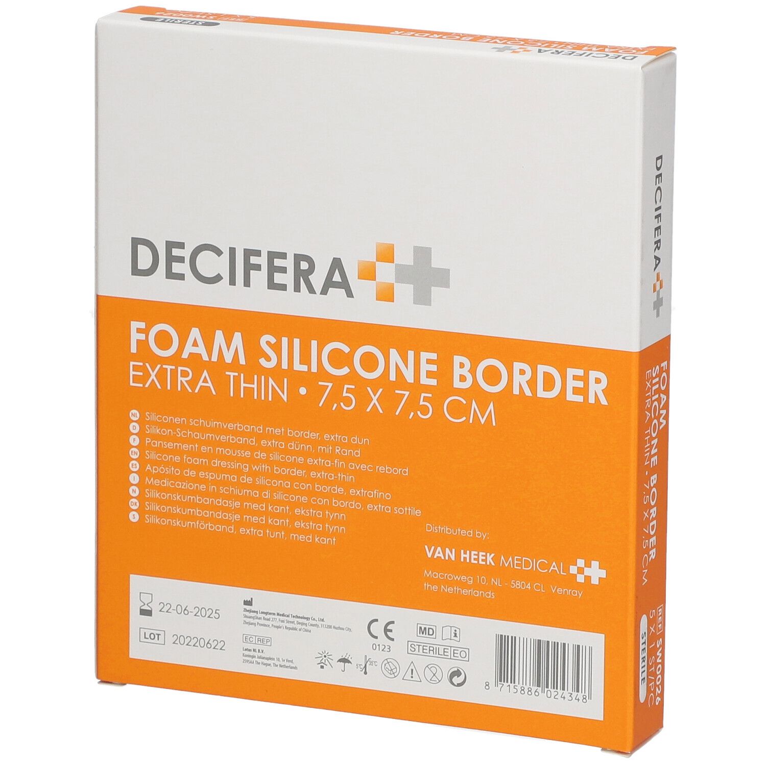 Emballage DECIFERA Foam Silicone Border, extra fin, 7,5 x 7,5 cm. Dos avec informations et marquage CE.