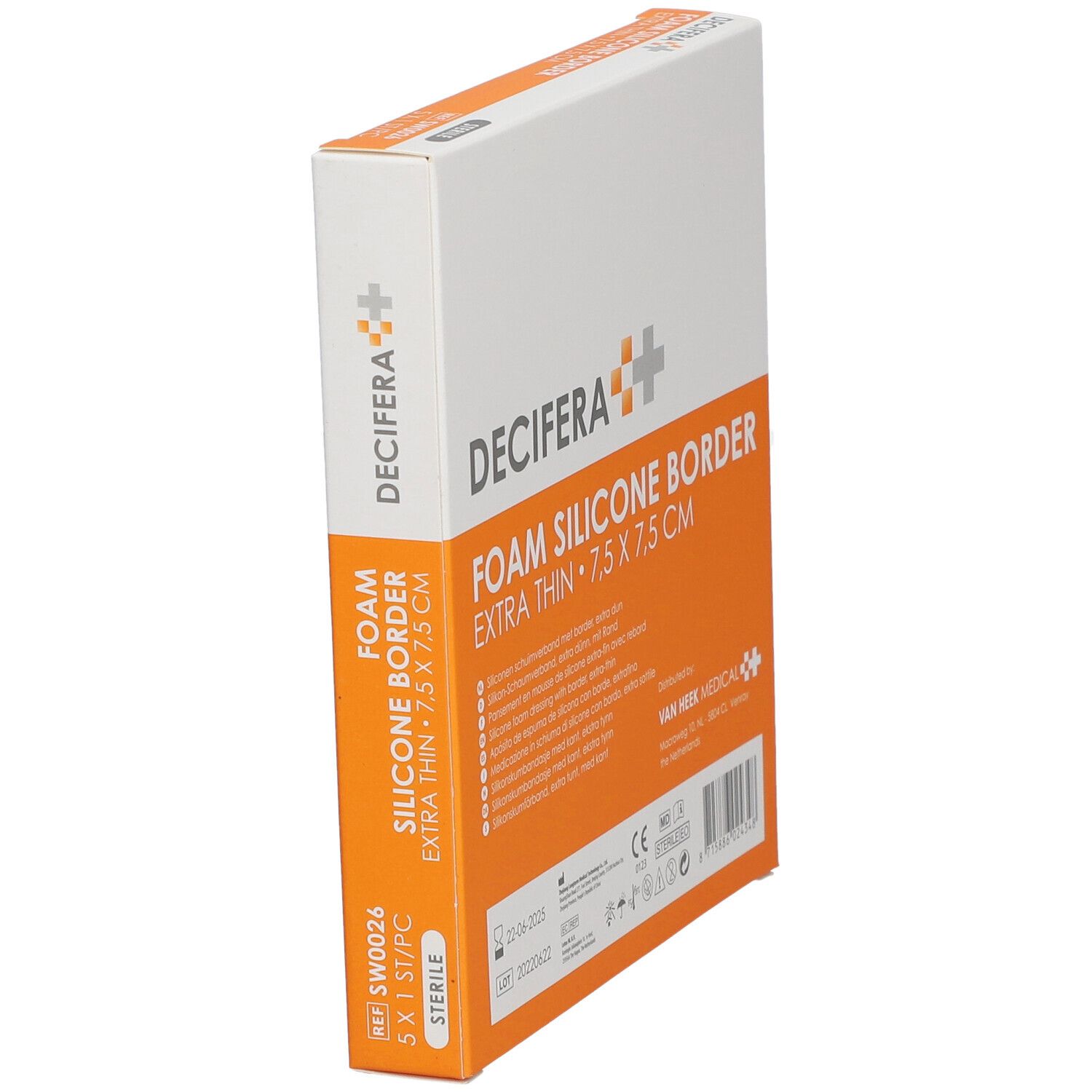 Emballage DECIFERA Foam Silicone Border, extra fin, 7,5 x 7,5 cm, en biais. Design orange et blanc.
