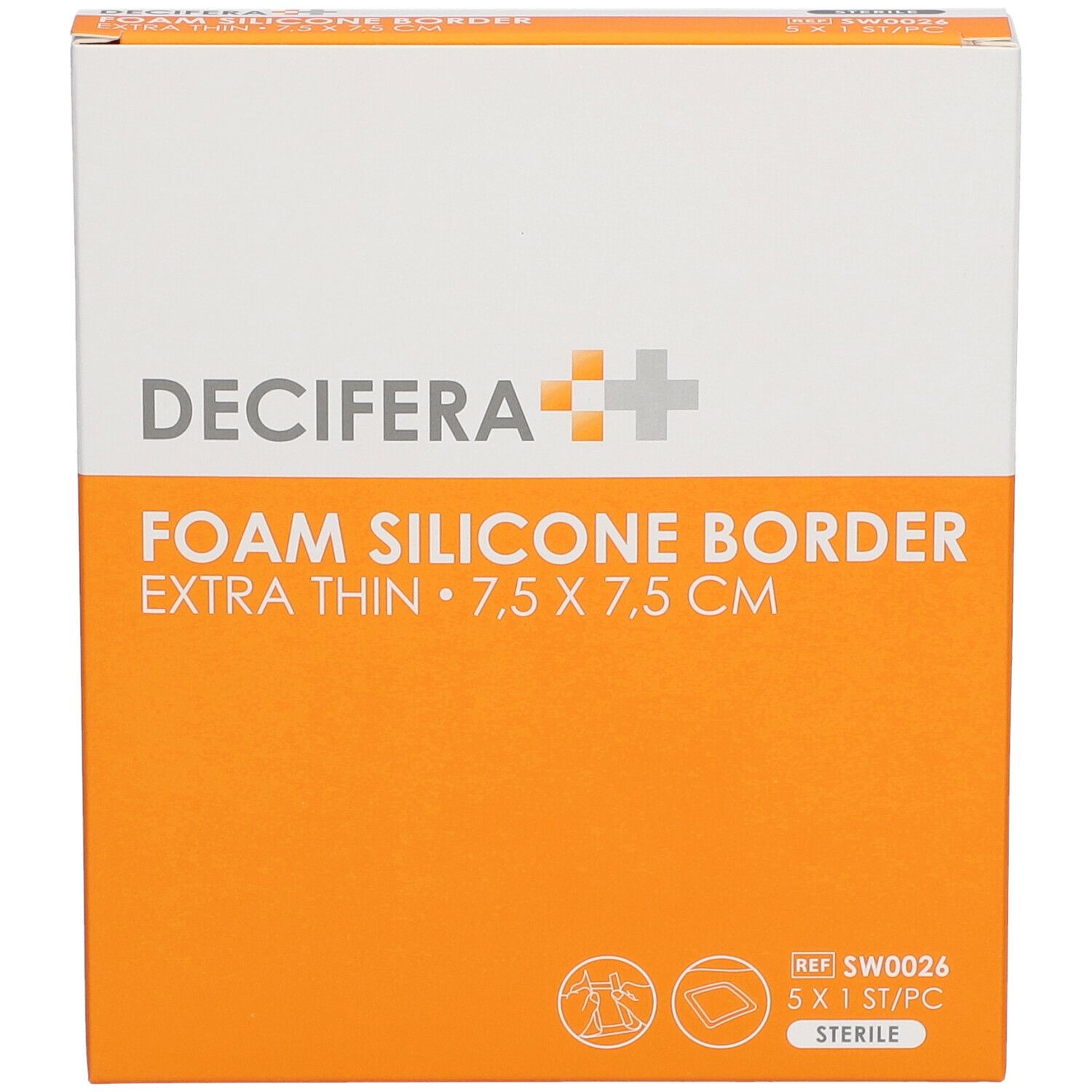 Vue de face de l'emballage DECIFERA Foam Silicone Border, extra fin, 7,5 x 7,5 cm. Design orange et blanc.
