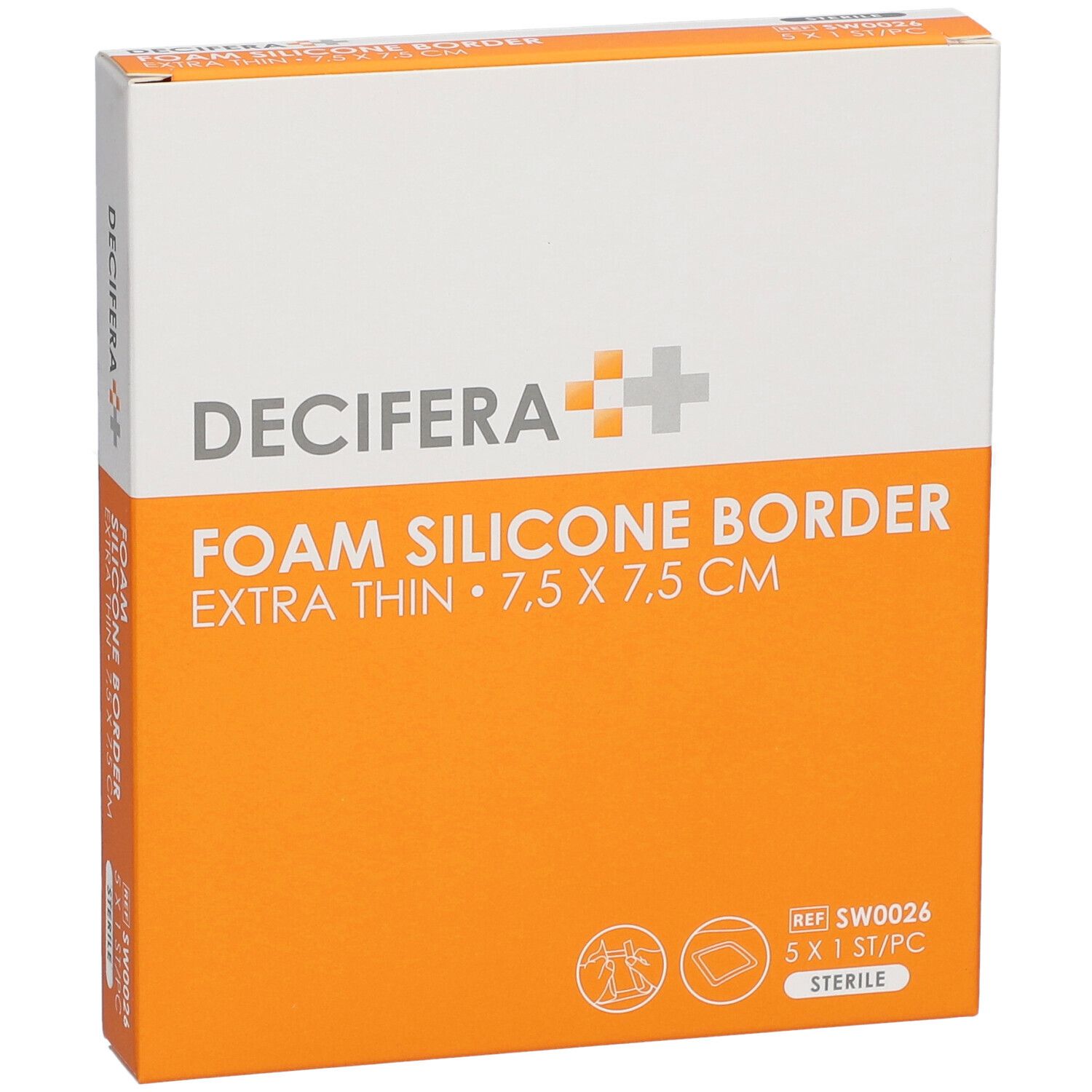 Vue de face de l'emballage DECIFERA Foam Silicone Border, extra fin, 7,5 x 7,5 cm. Design orange et blanc.