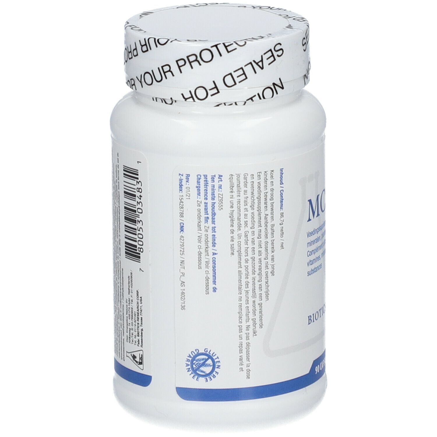 Dos d'un flacon blanc. Étiquette avec texte et code-barres. Inscription Biotics Research. Sceau sans gluten.