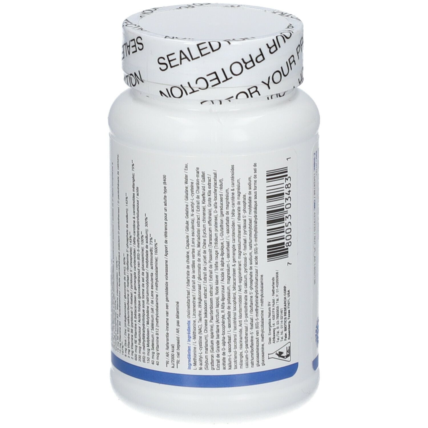 Dos d'un flacon blanc. Étiquette avec texte. Inscription Biotics Research. Sceau sans gluten.