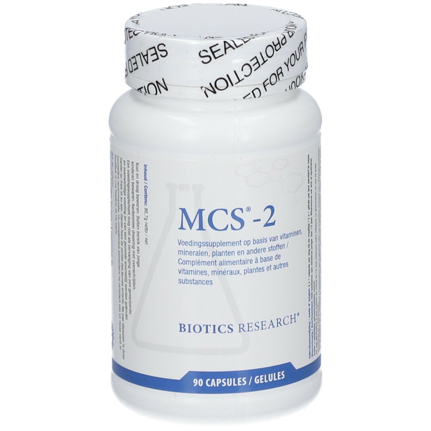 Flacon blanc avec étiquette MCS-2. Inscription Biotics Research. 90 gélules. Bouchon avec texte: SEALED FOR YOUR PROTECTION.