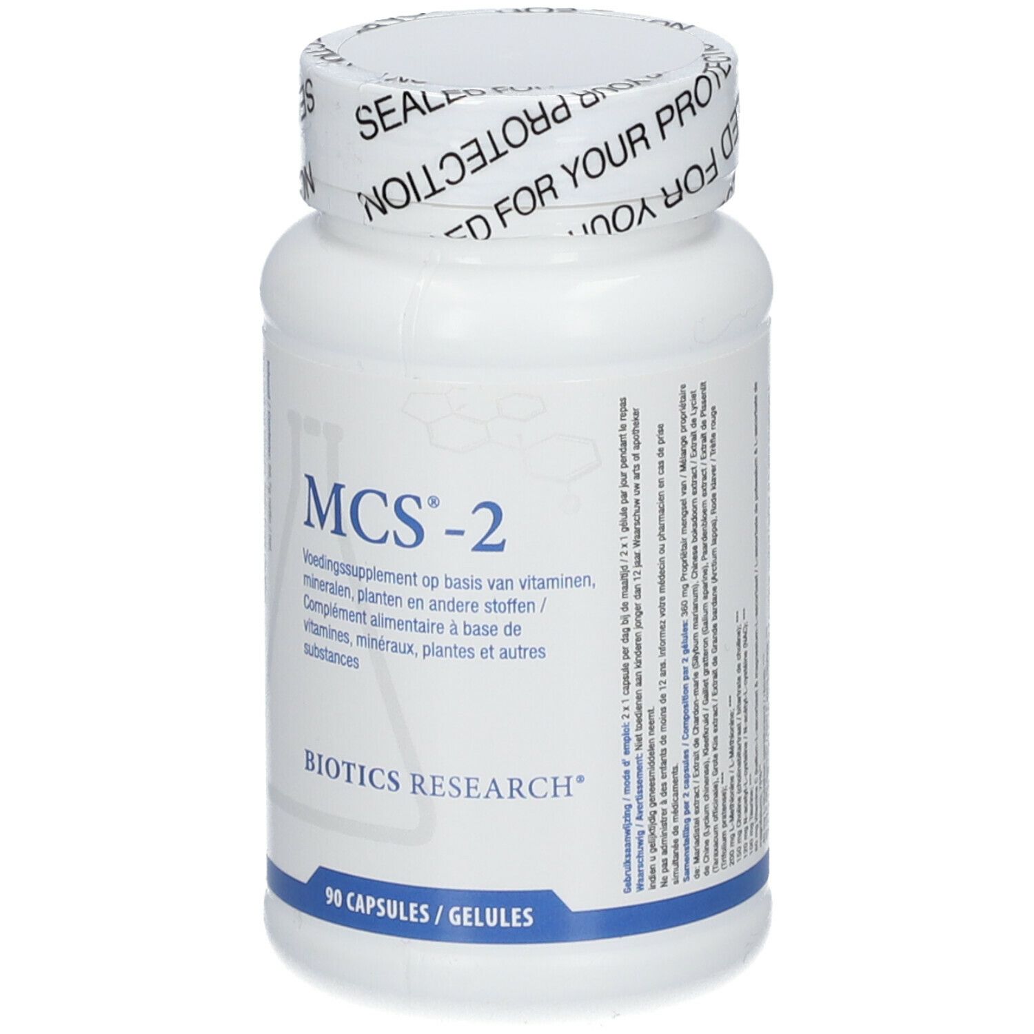 Flacon blanc avec étiquette MCS-2. Inscription Biotics Research. 90 gélules. Bouchon avec texte: SEALED FOR YOUR PROTECTION.