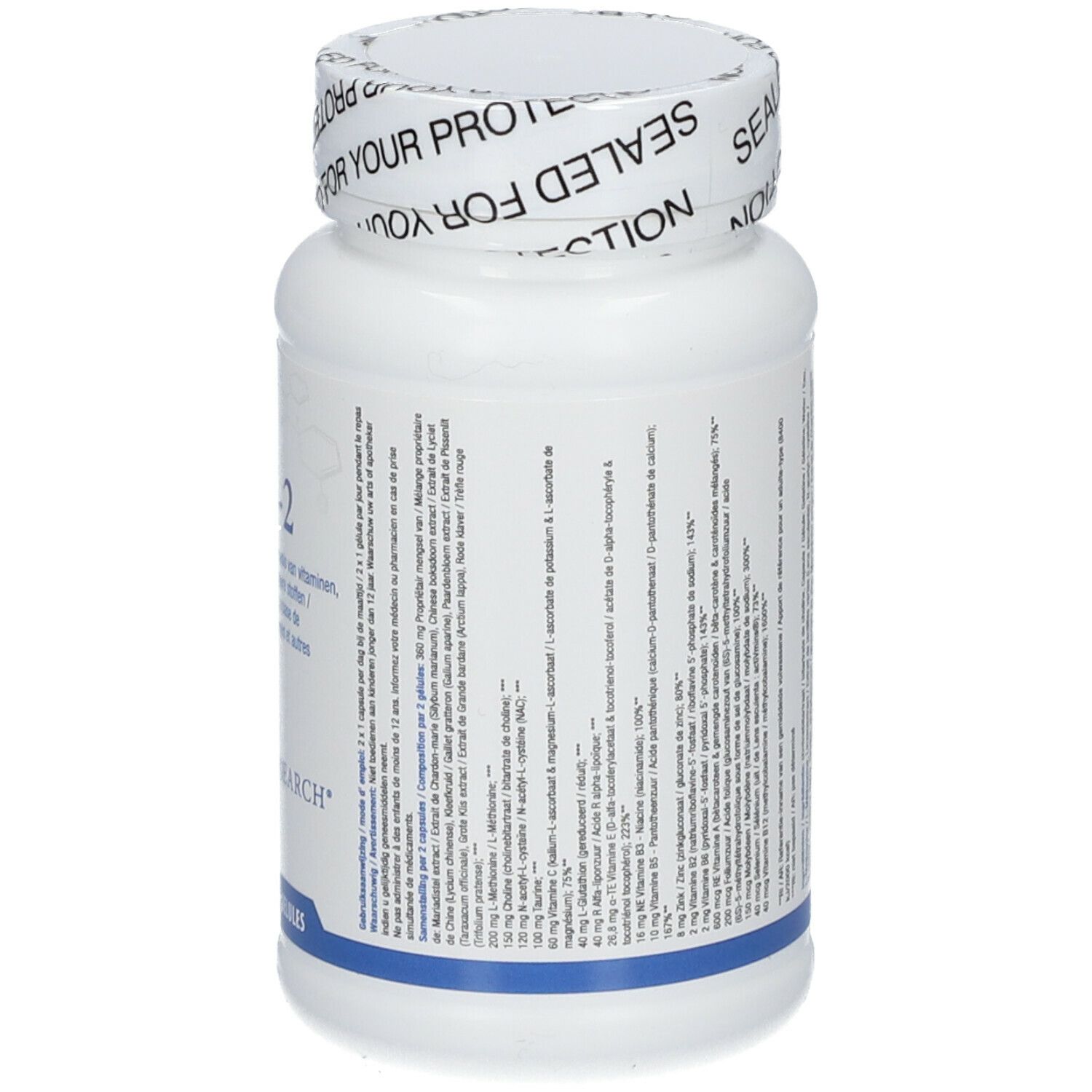 Dos d'un flacon blanc. Étiquette avec texte. Inscription Biotics Research. Sceau sans gluten.