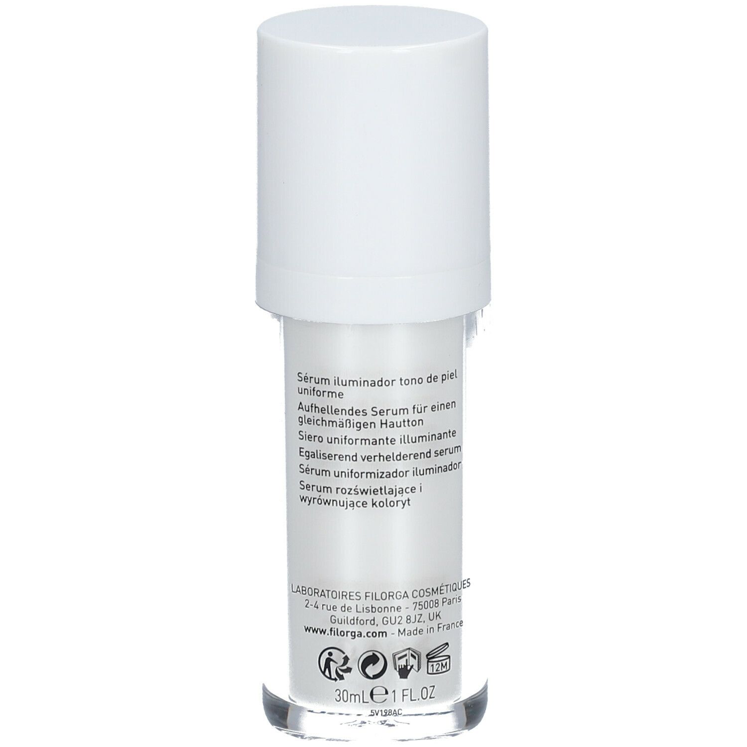 FILORGA Skin-Unify Intensive serum. Witte fles met witte dop. Achterkant met tekst. Transparante bodem.
