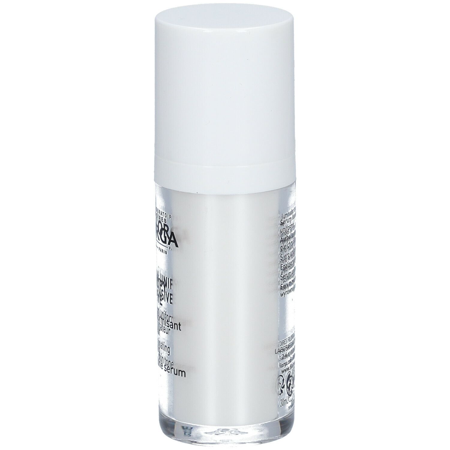 FILORGA Skin-Unify Intensive serum. Witte fles met witte dop. Achterkant met tekst. Transparante bodem.