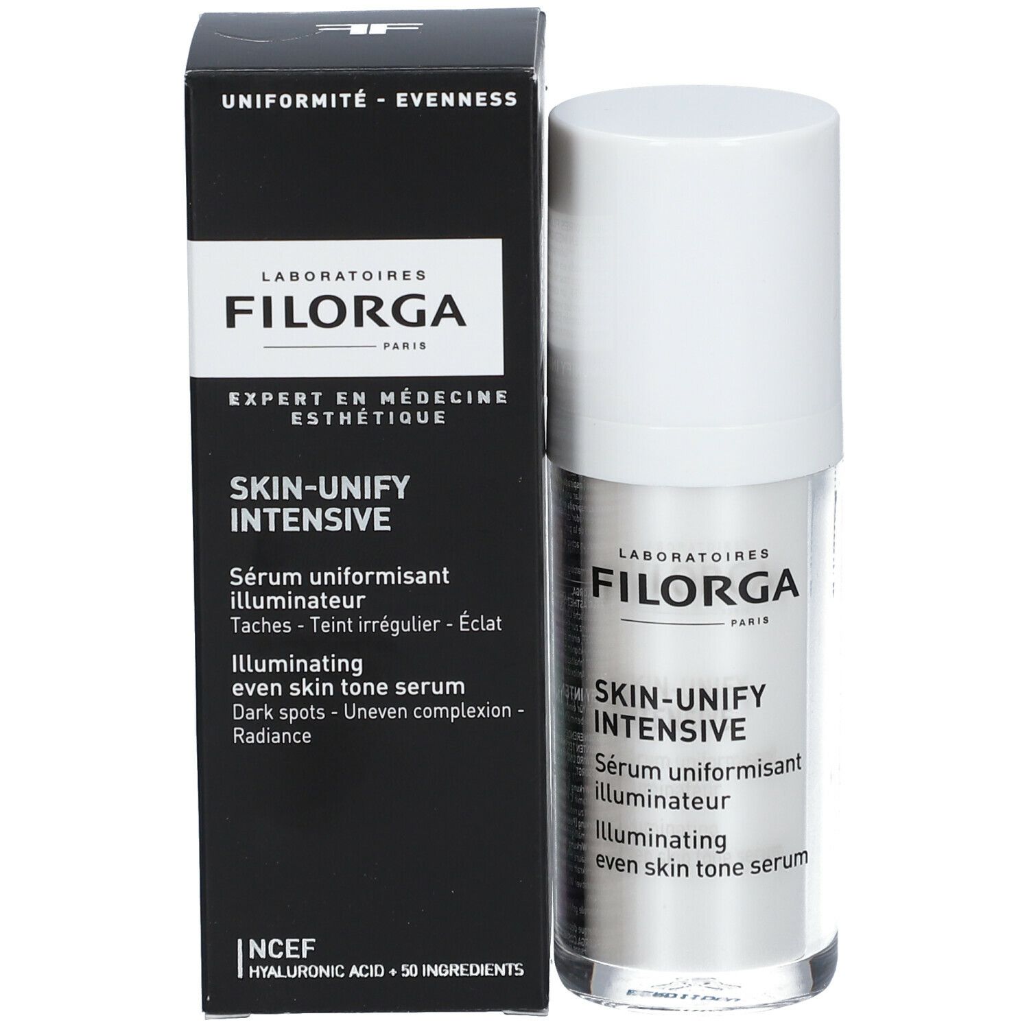 FILORGA Skin-Unify Intensive serum en verpakking. Zwarte doos met witte tekst. Witte fles met witte dop.