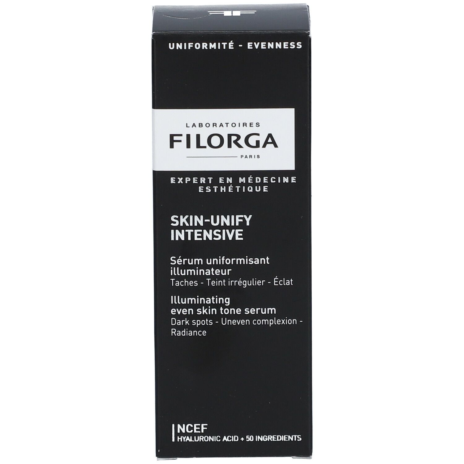 Zwarte verpakking van FILORGA Skin-Unify Intensive serum. Witte tekst op de verpakking.