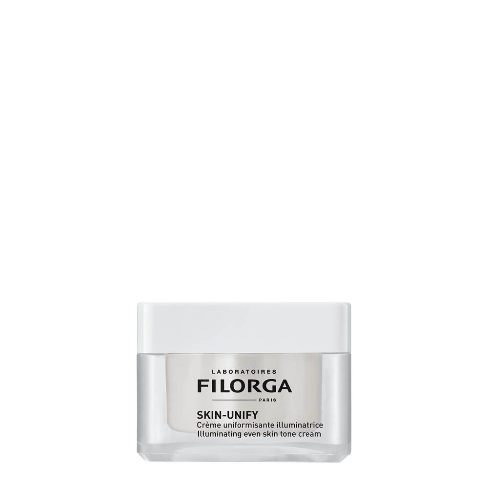 Weißer Tiegel mit Creme. Marke FILORGA. Produktname SKIN-UNIFY. Creme für einen ebenmäßigen Hautton.