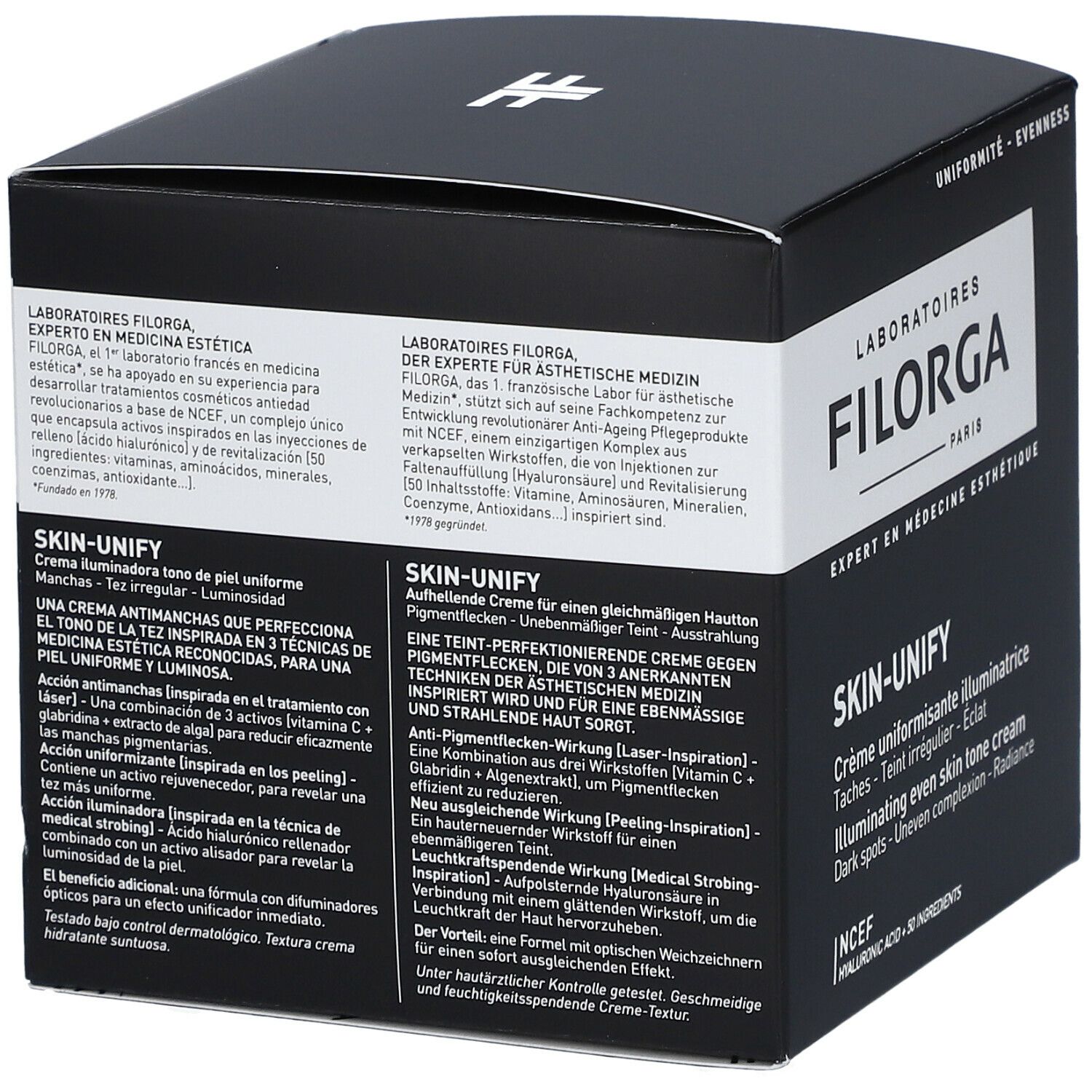 Zwarte doos met tekst. Opschrift: FILORGA, SKIN-UNIFY, informatie over gebruik en ingrediënten.