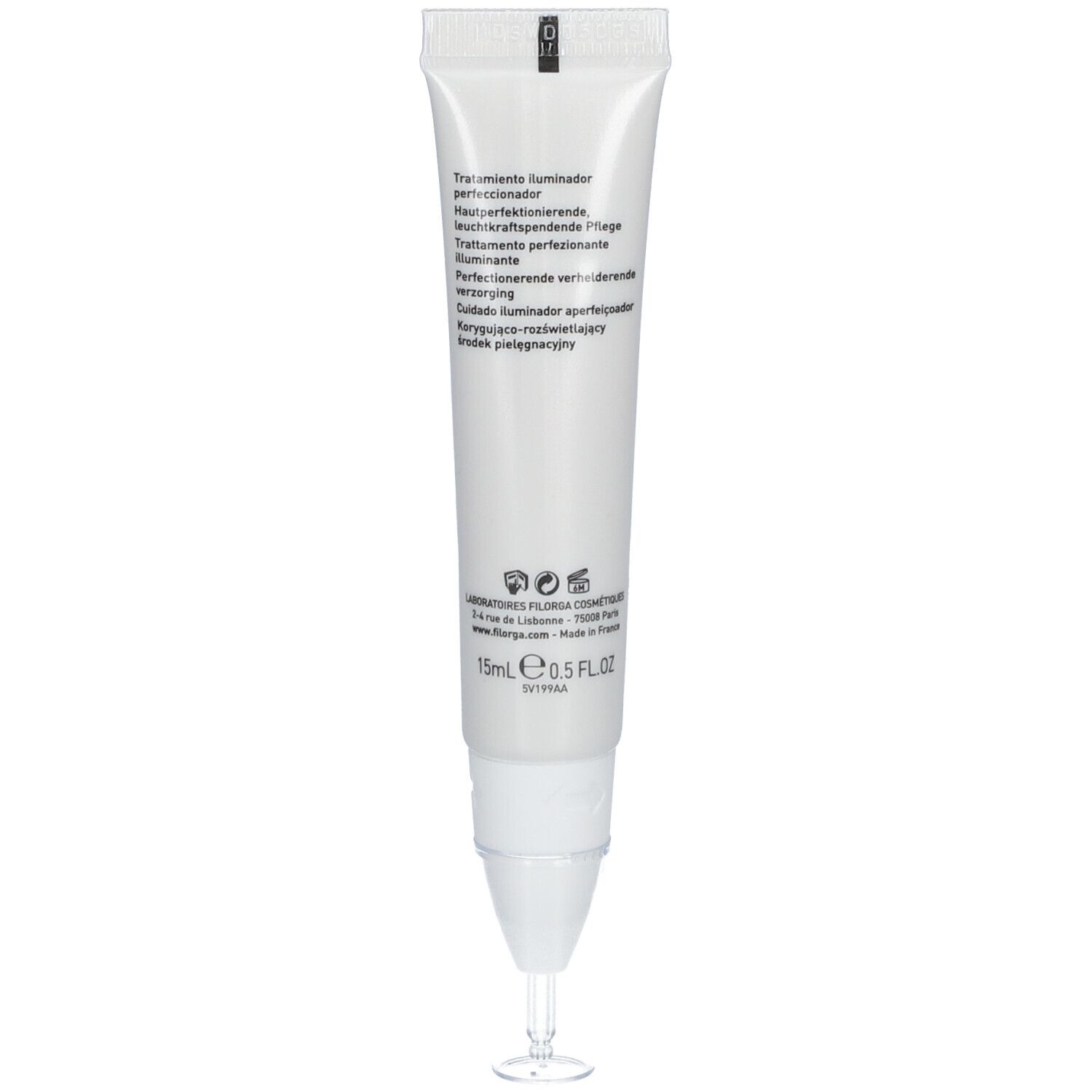 Rückseite der weißen Tube. Text in mehreren Sprachen. LABORATOIRES FILORGA, 15ml, e 0.5 FL.OZ.