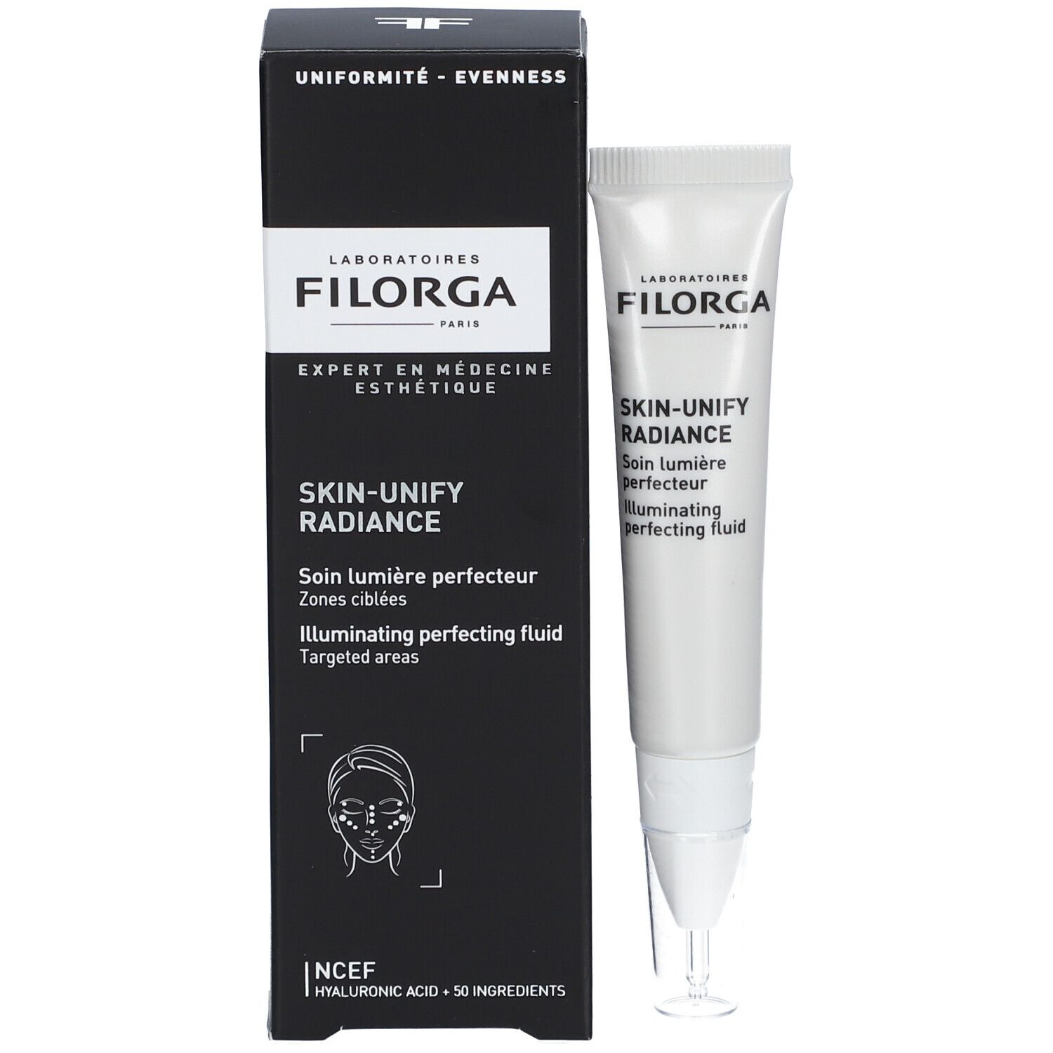 Produkt und Verpackung. Schwarze Schachtel und weiße Tube. Aufschrift: LABORATOIRES FILORGA, SKIN-UNIFY RADIANCE, soin lumière perfecteur.