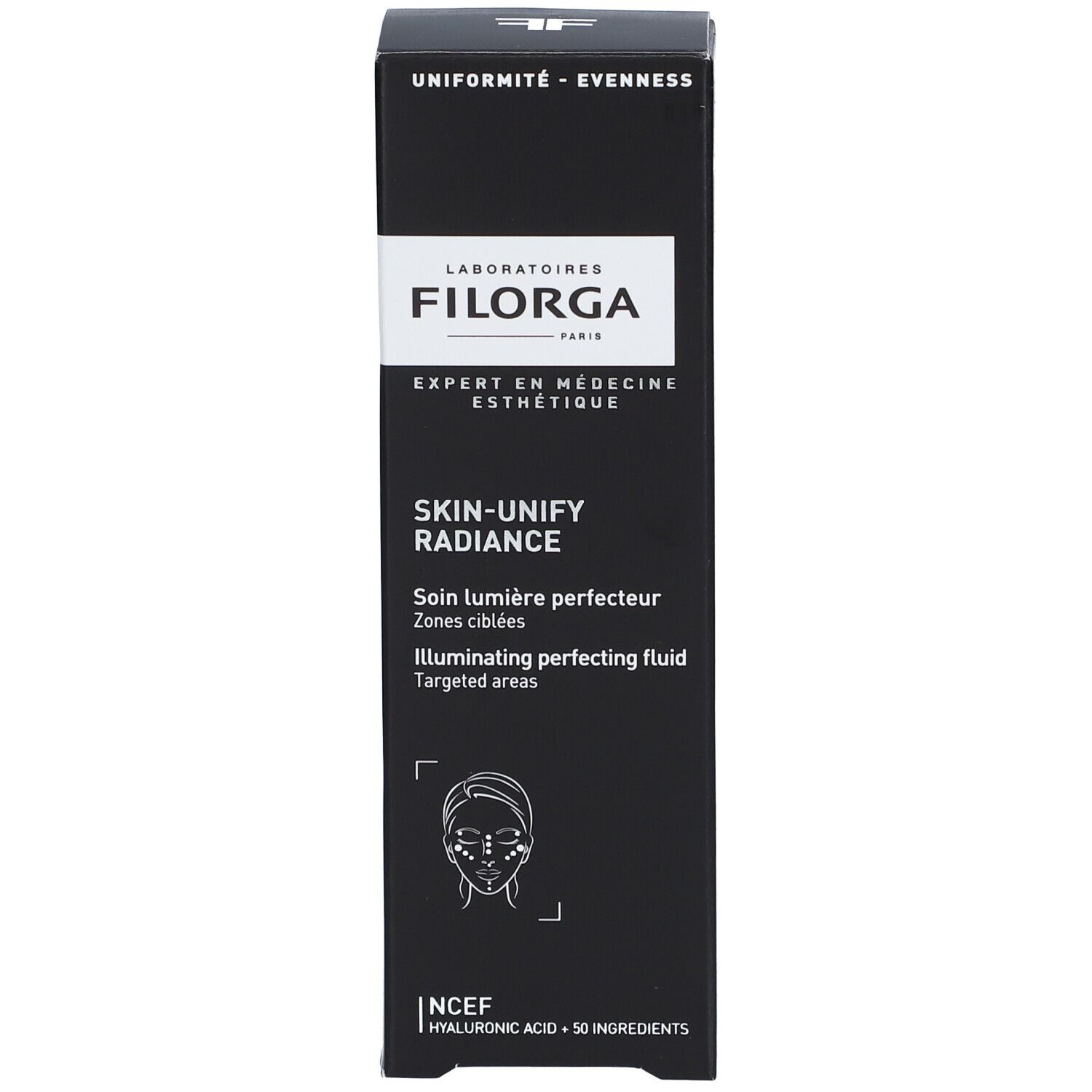 Schwarze Schachtel. Aufschrift: LABORATOIRES FILORGA, SKIN-UNIFY RADIANCE, soin lumière perfecteur, Zones ciblées, NCEF, Hyaluronsäure.