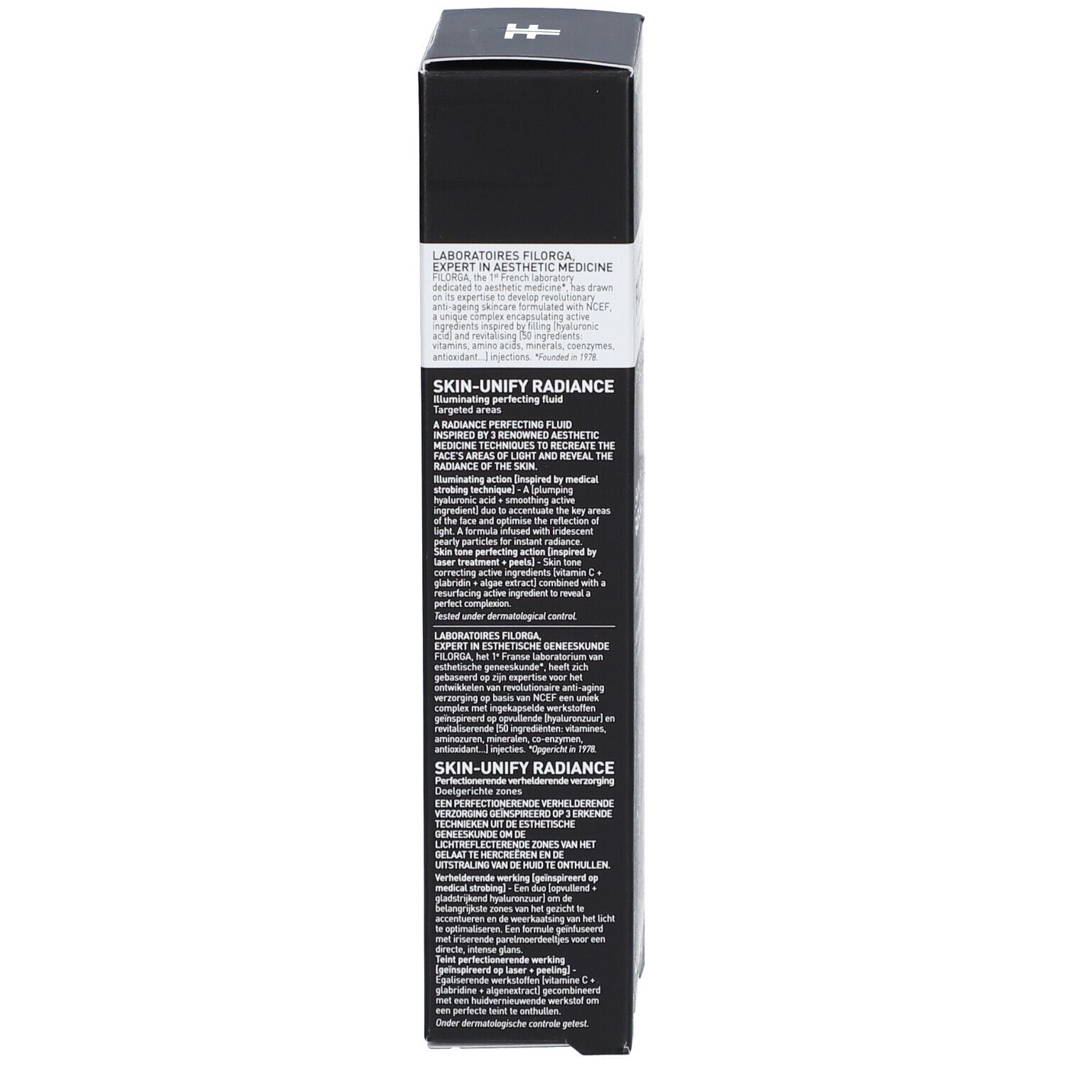 Schwarze Schachtel, Seitenansicht. Text in mehreren Sprachen. LABORATOIRES FILORGA, SKIN-UNIFY RADIANCE, Targeted areas.