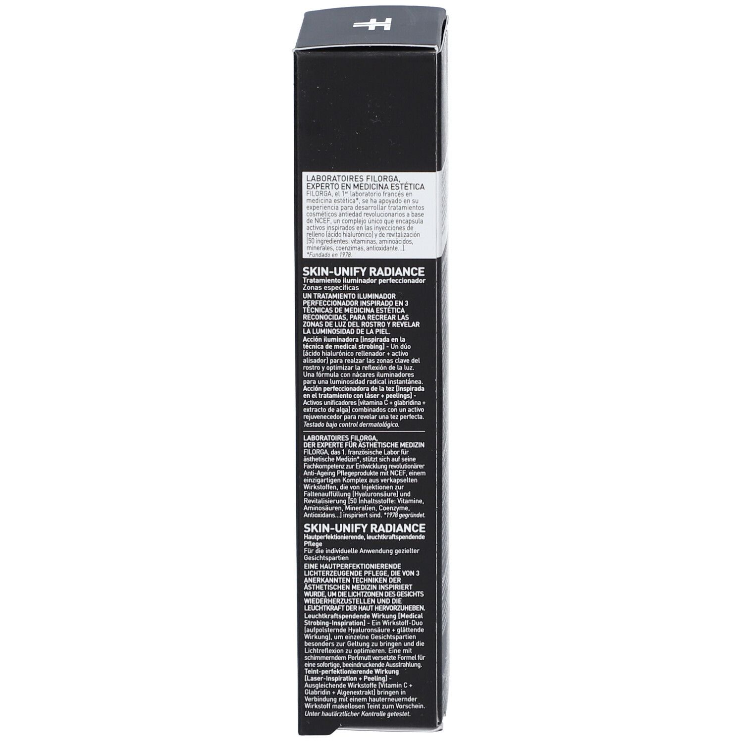 Schwarze Schachtel, Seitenansicht. Text in mehreren Sprachen. LABORATOIRES FILORGA, SKIN-UNIFY RADIANCE, Targeted areas.
