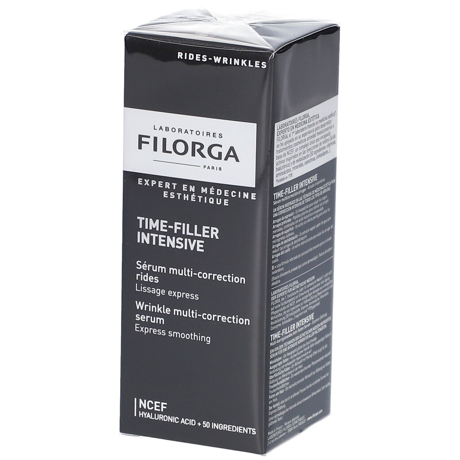 Boîte noire avec informations produit. Inscription : FILORGA, Time-Filler Intensive, sérum anti-rides.