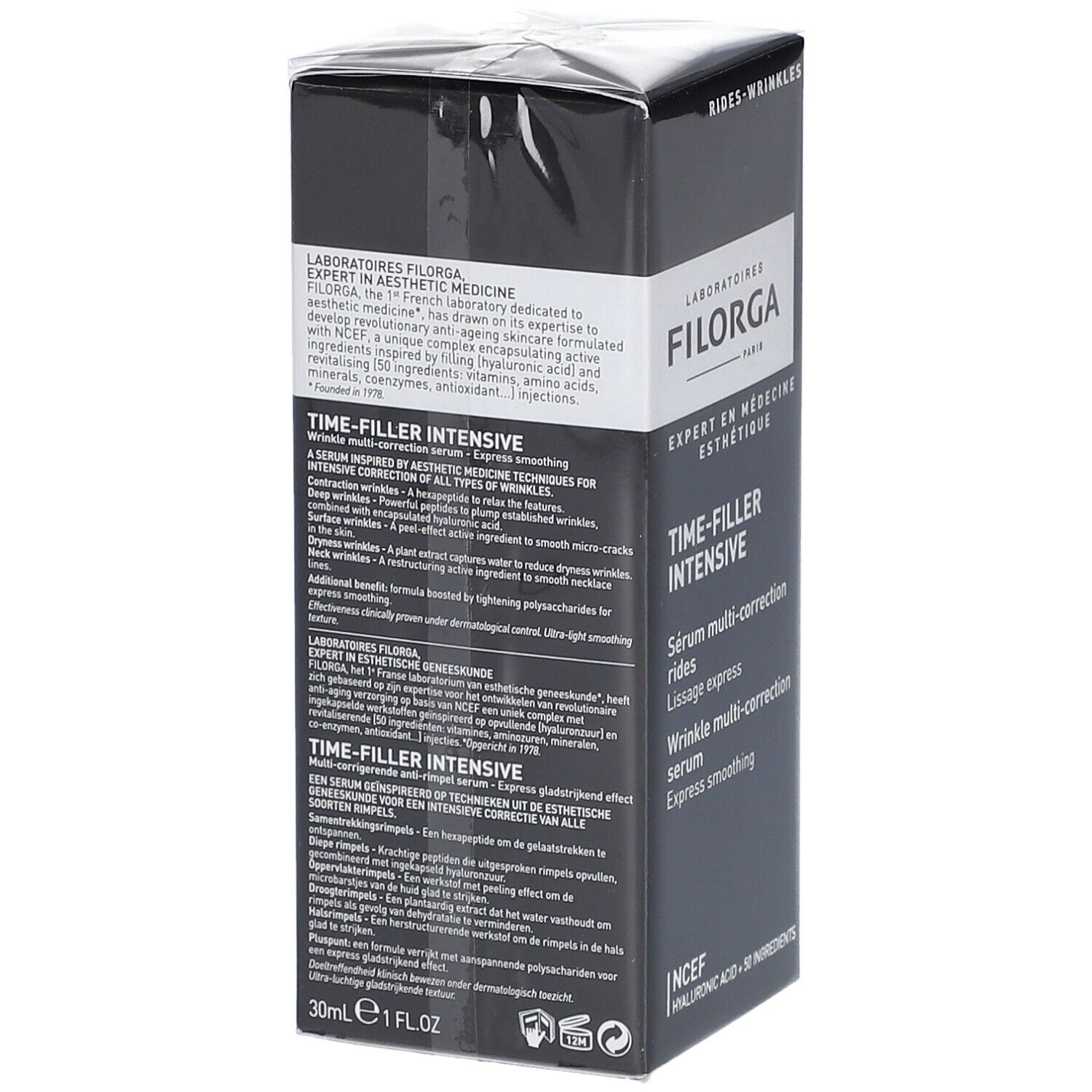 Boîte noire avec informations produit. Texte : FILORGA, Time-Filler Intensive, sérum anti-rides, 30ml.
