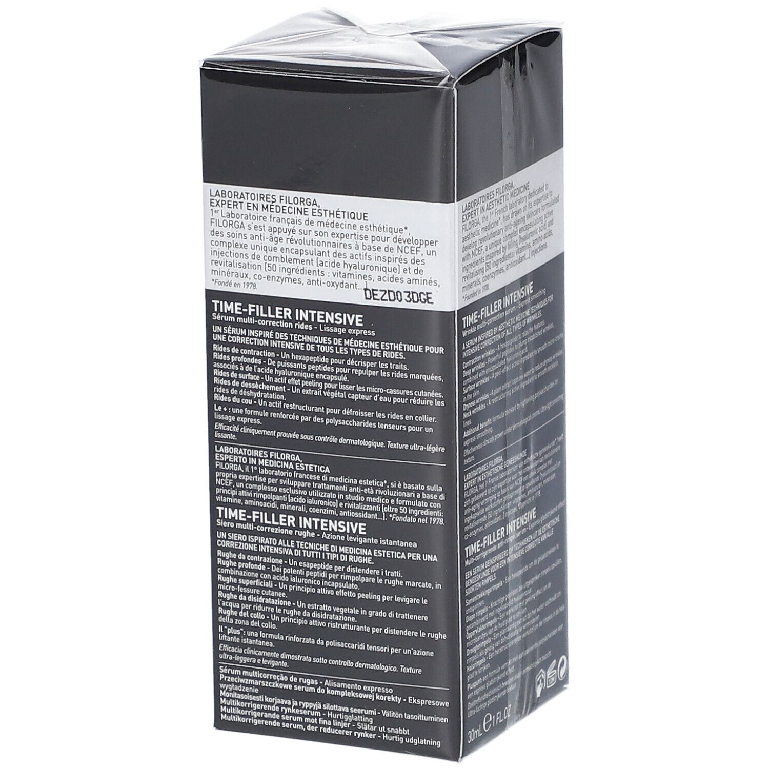 Boîte noire avec informations produit. Texte : FILORGA, Time-Filler Intensive, sérum anti-rides, 30ml.