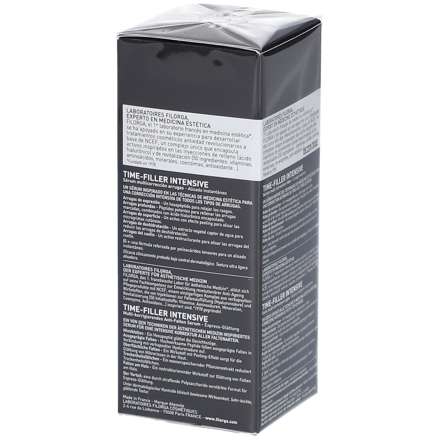 Boîte noire avec informations produit. Texte : FILORGA, Time-Filler Intensive, sérum anti-rides, 30ml.