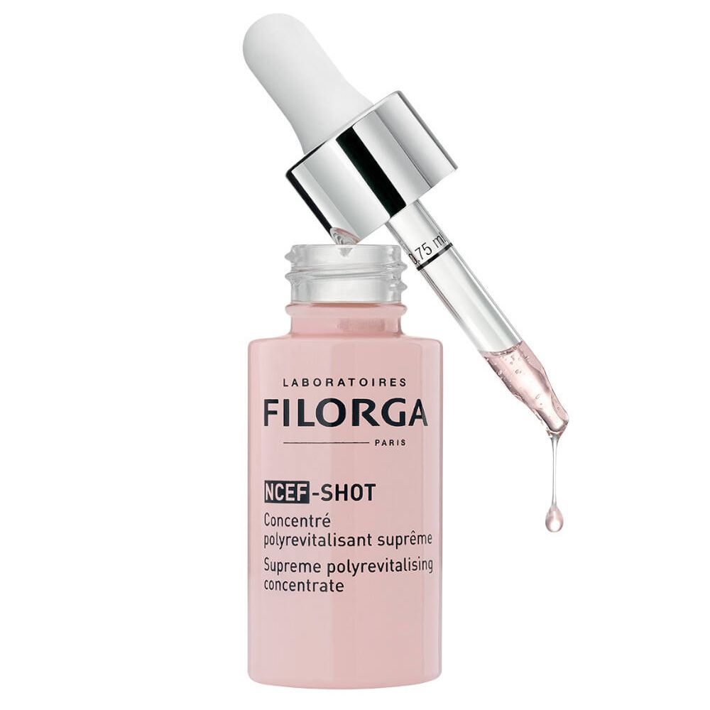 Rosa Flasche mit weißem Applikator. Applikator über der Flasche. Aufschrift: FILORGA, NCEF-SHOT.