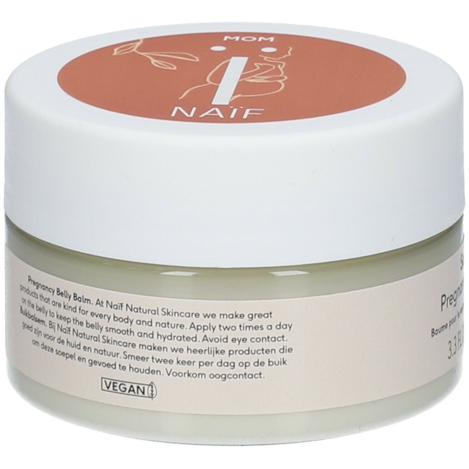 Cremebehälter mit weißem Deckel. Aufschrift: Naif. Text: Pregnancy Belly Balm. Vegan-Siegel.